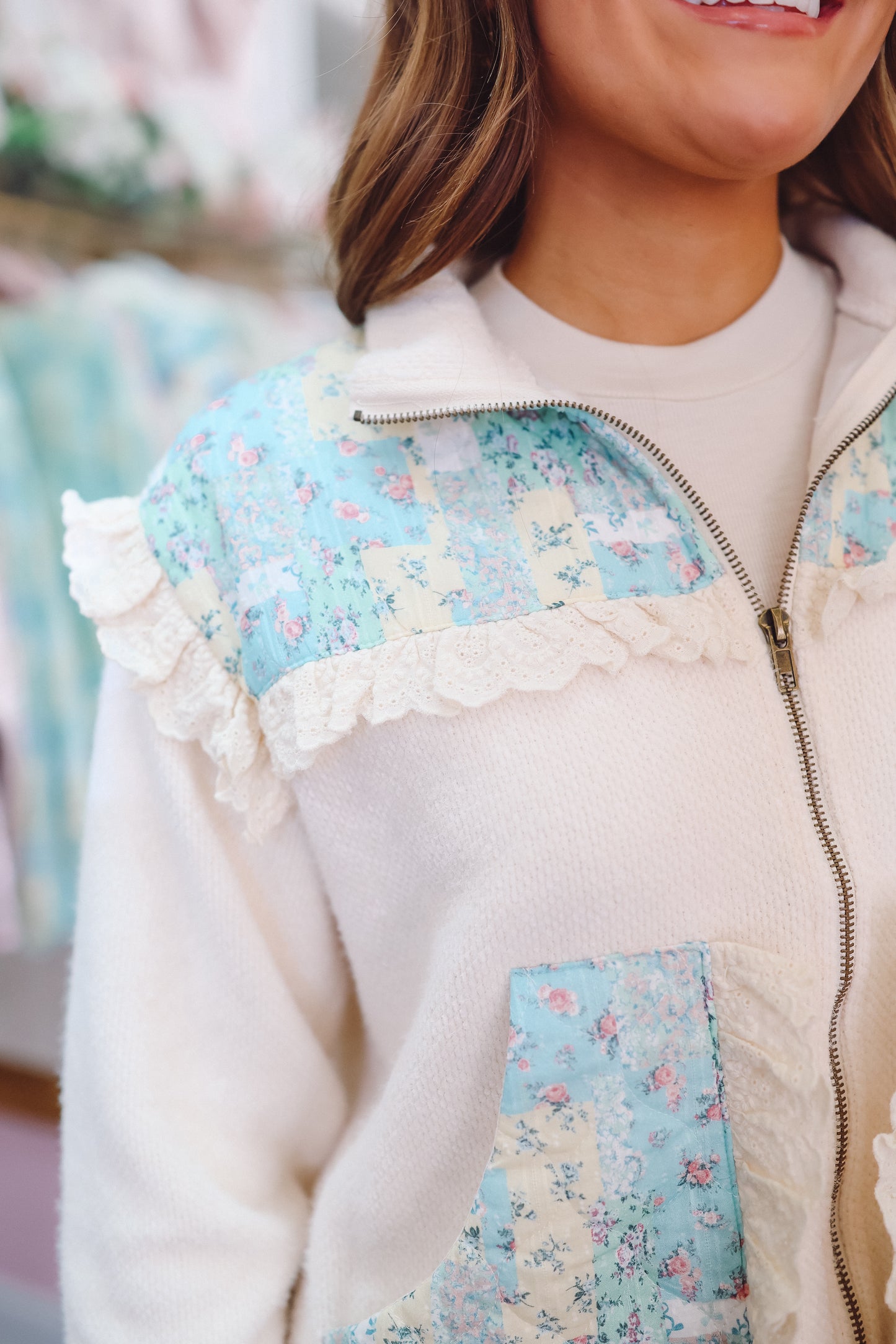 Harley Patchwork Ruffle Fleece Jacket - Butter Blue