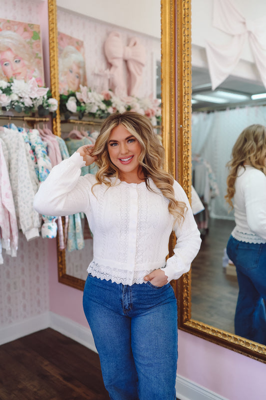 Briley Bow Pointelle Lace Hem Cardigan - Ivory