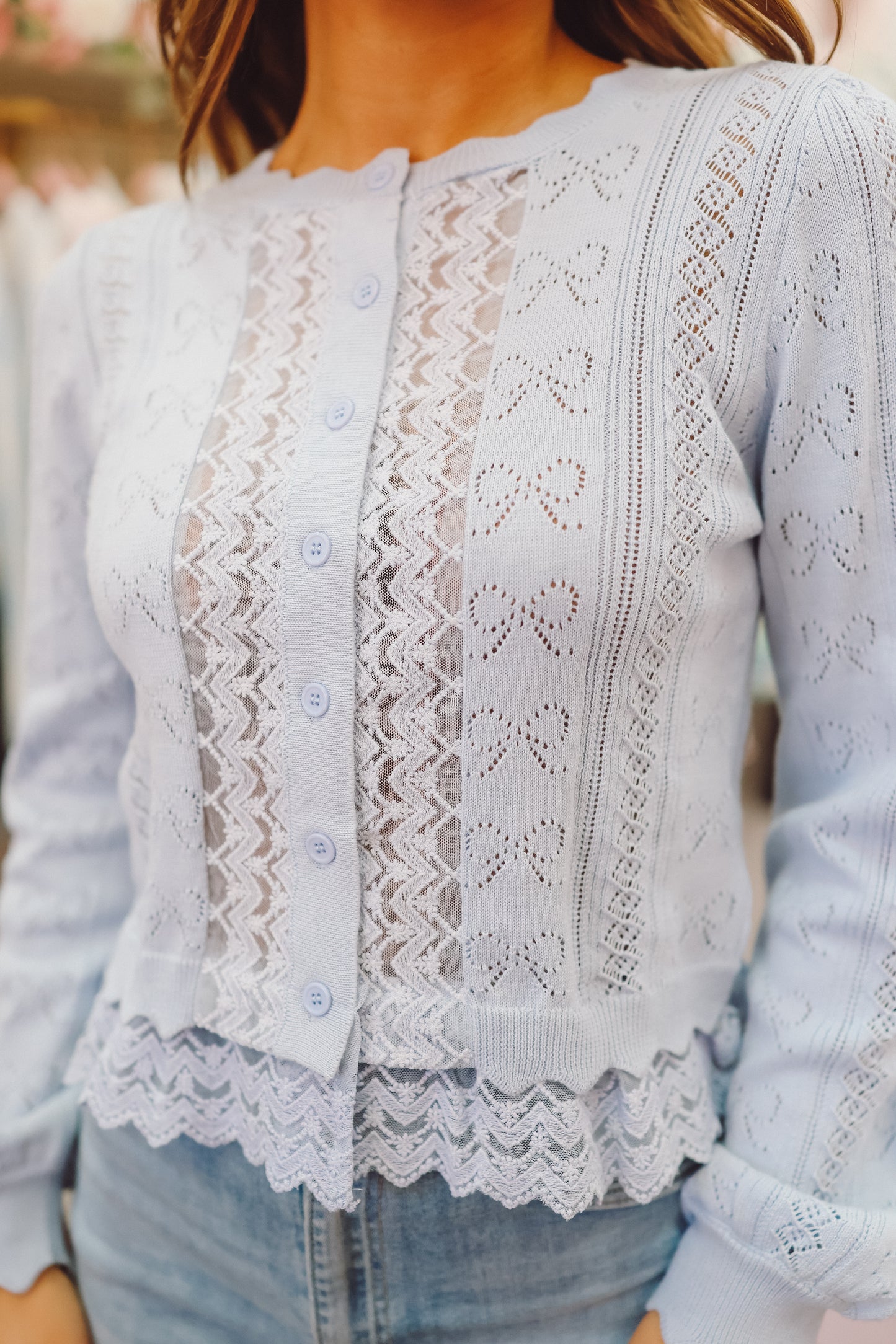 Briley Bow Pointelle Lace Hem Cardigan - Light Blue
