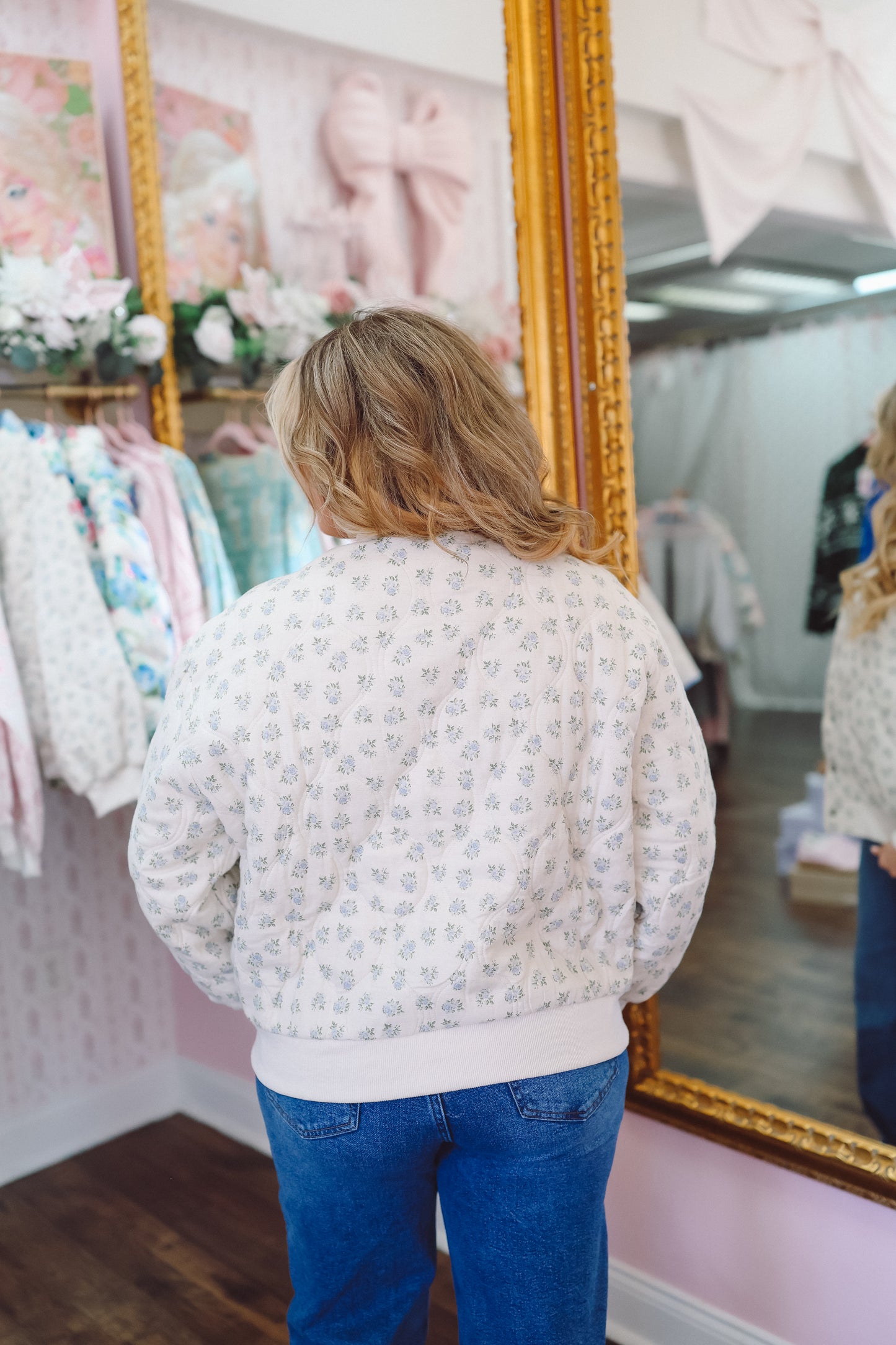 Heather Quilted Floral Bomber Jacket - Ivory/Blue