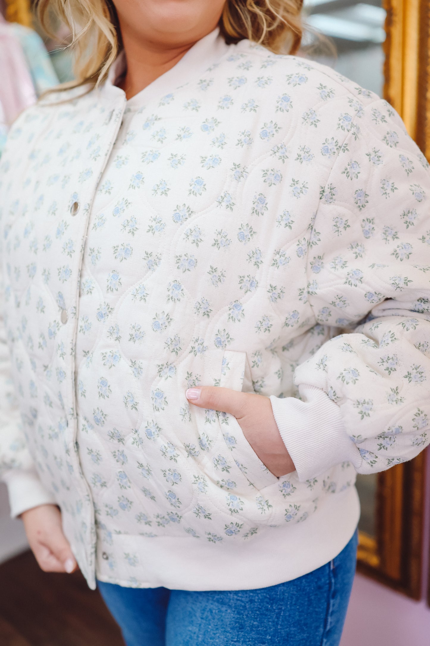Heather Quilted Floral Bomber Jacket - Ivory/Blue
