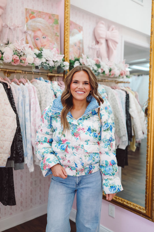 Erin Floral Hooded Puffer Jacket - Blue
