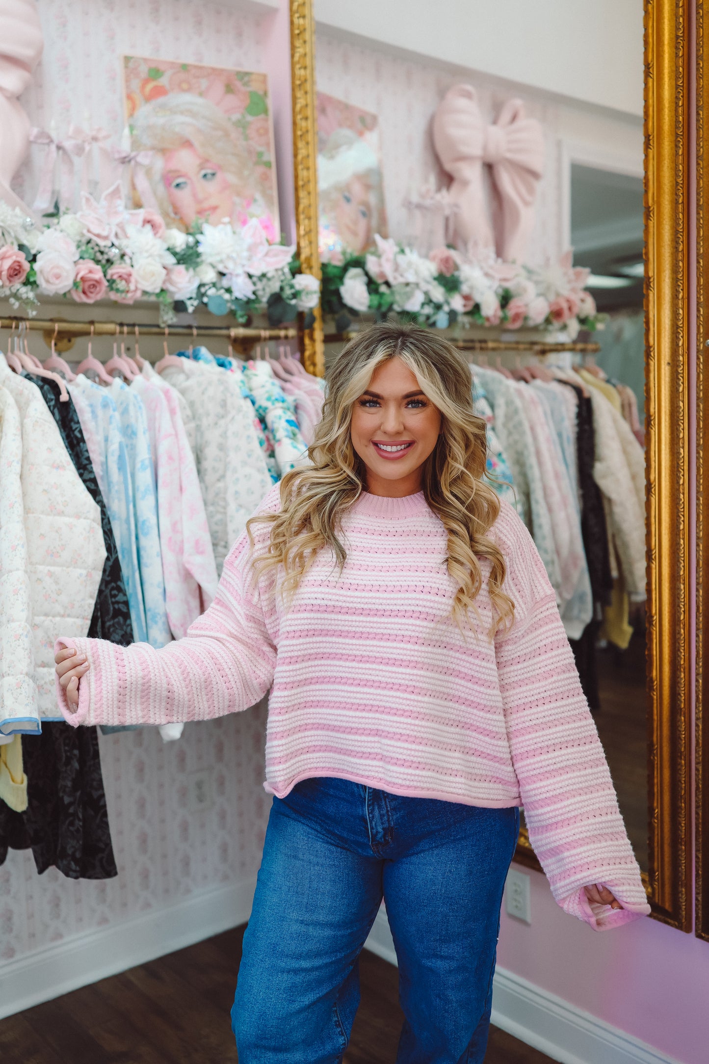 Shelley Striped Crew Neck Sweater - Pink