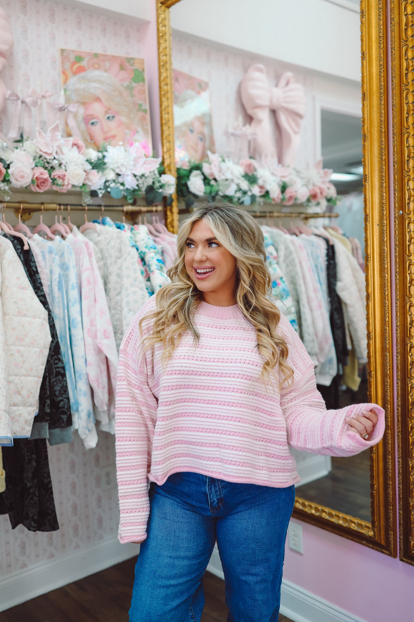 Shelley Striped Crew Neck Sweater - Pink