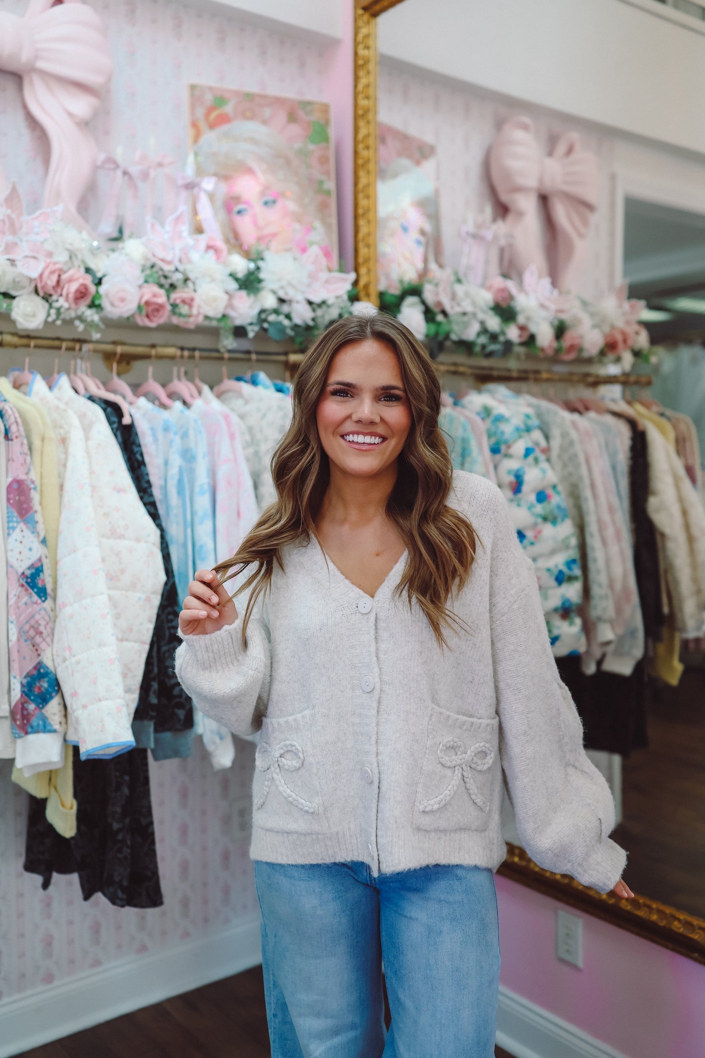 Kenzie Braided Bow Pocket Cardigan - Cream