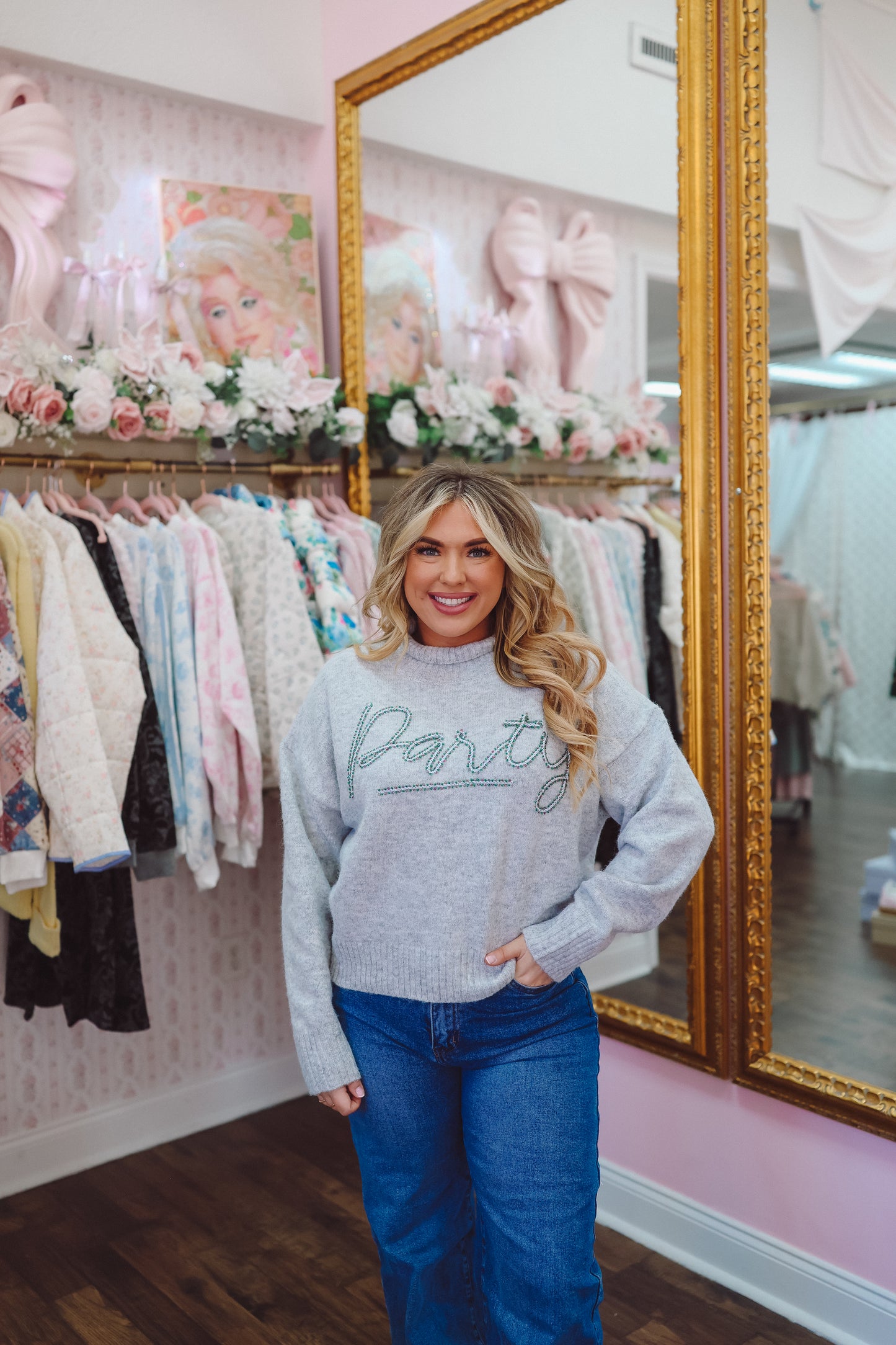 Party Mock Neck Embroidered Sweater - Heather Grey