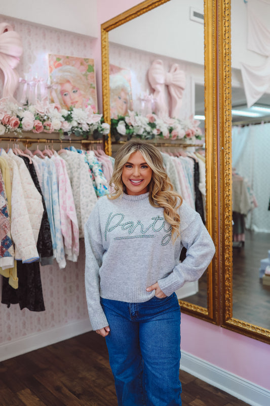 Party Mock Neck Embroidered Sweater - Heather Grey