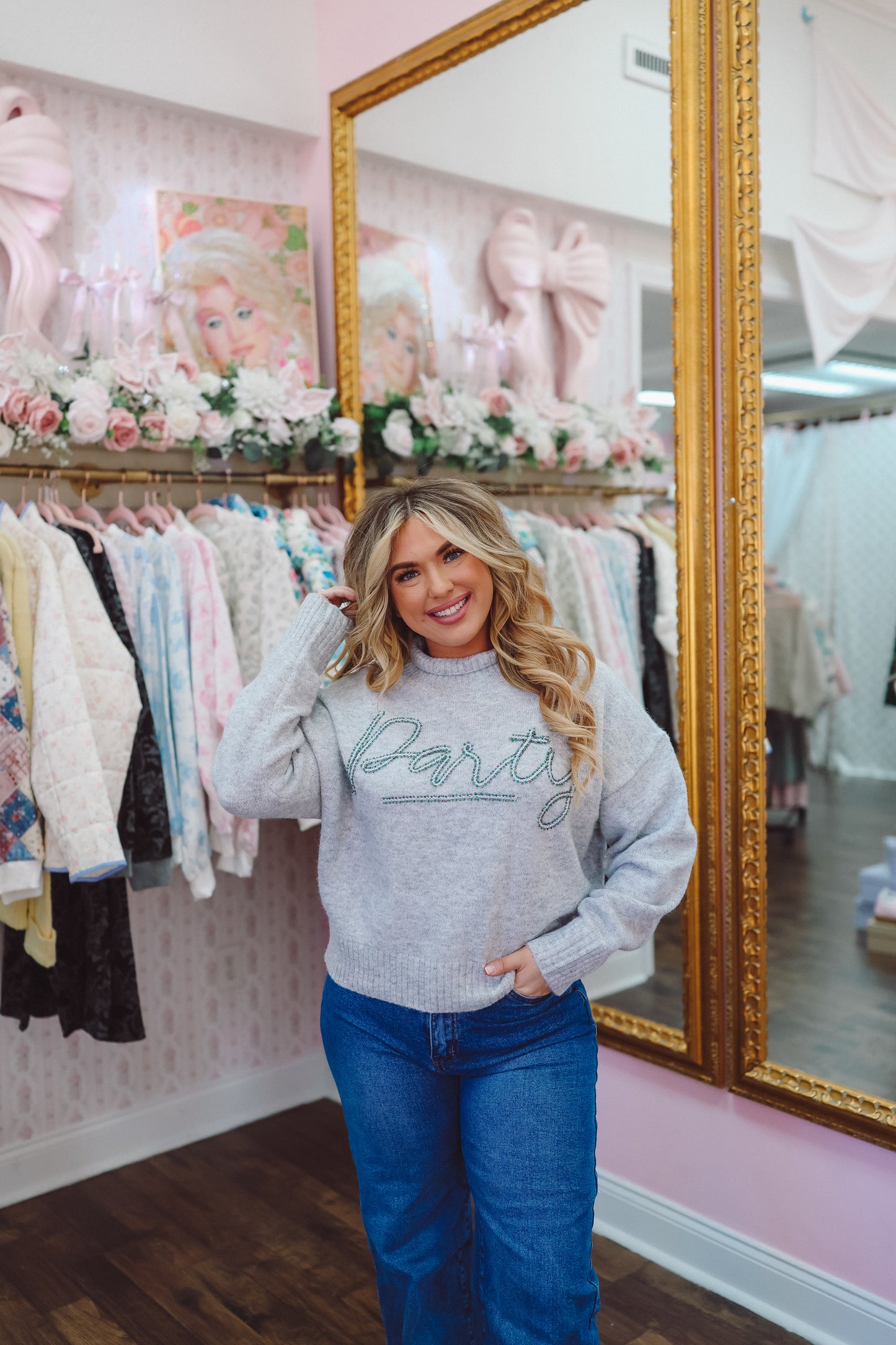 Party Mock Neck Embroidered Sweater - Heather Grey