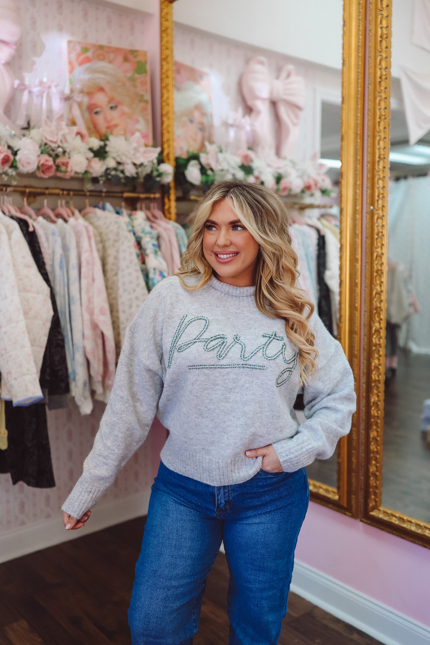 Party Mock Neck Embroidered Sweater - Heather Grey