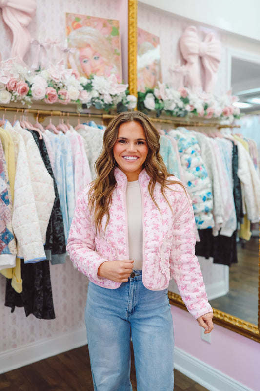 Peyton Floral Heart Pocket Quilted Jacket - Pink