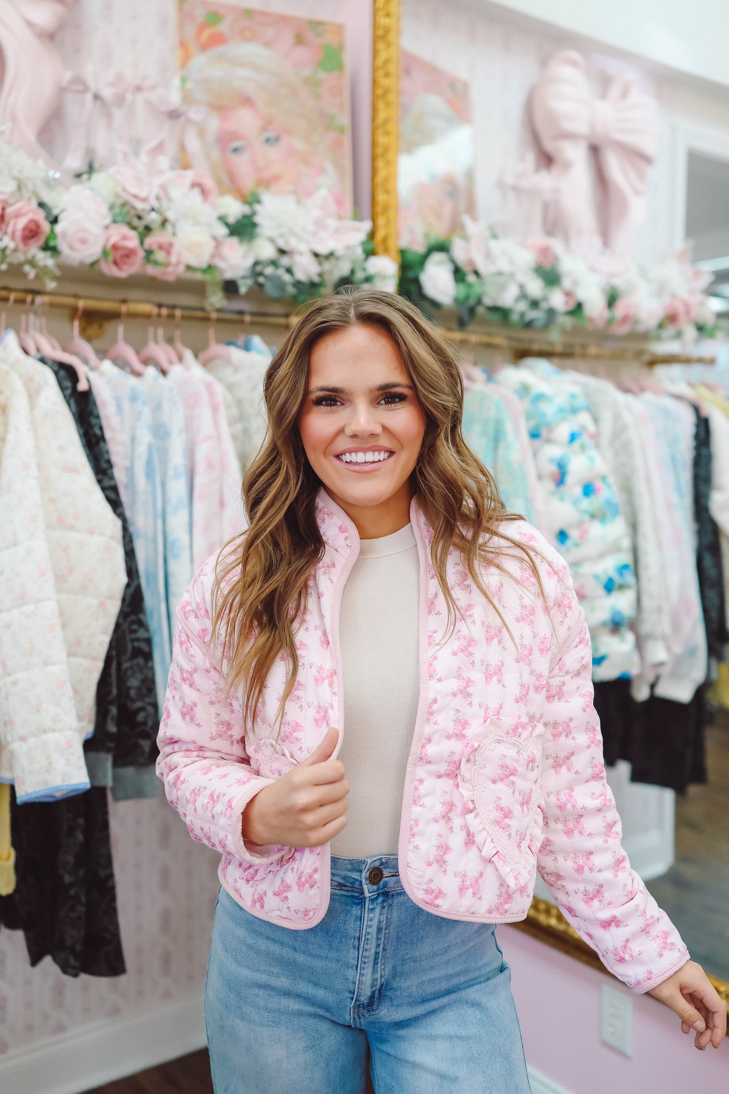 Peyton Floral Heart Pocket Quilted Jacket - Pink