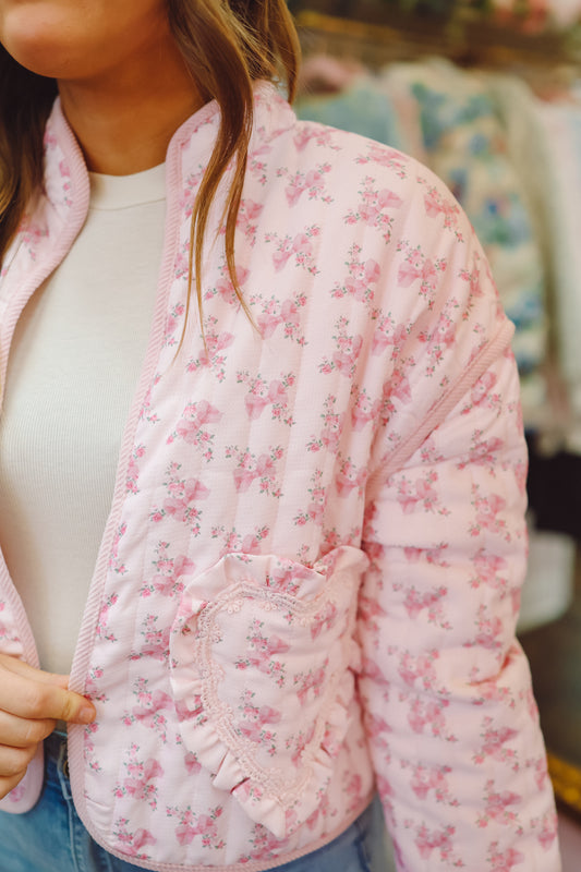 Peyton Floral Heart Pocket Quilted Jacket - Pink