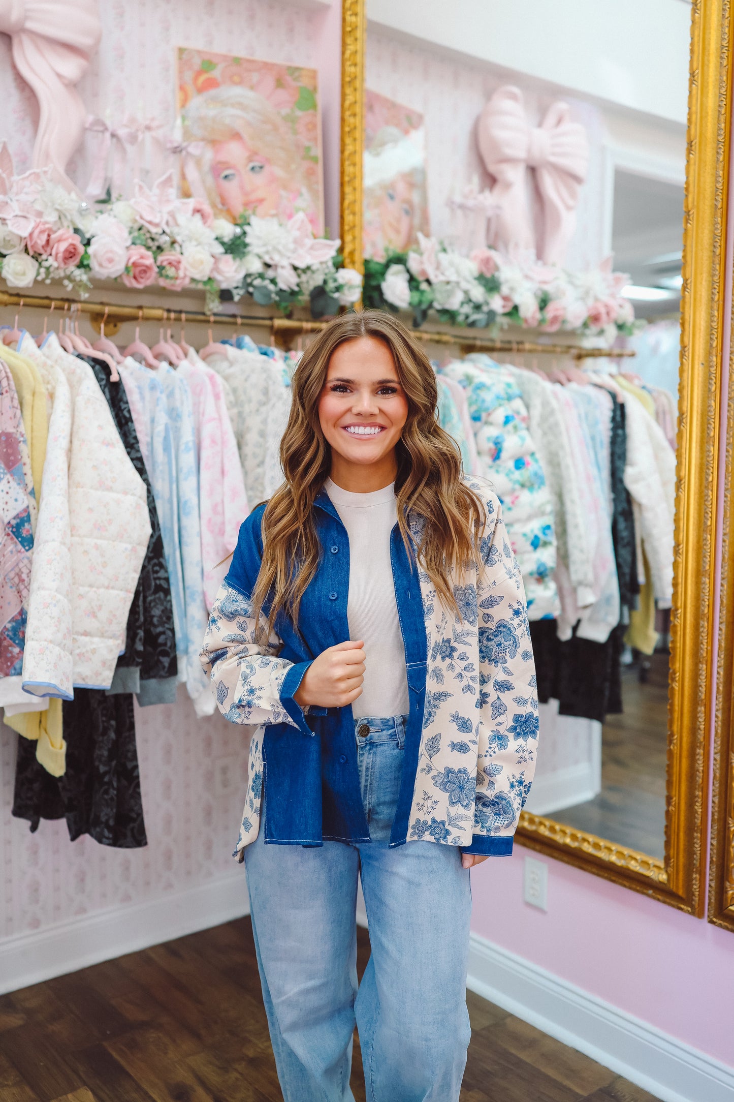 Sharyl Denim Floral Button Up Top - Dark Blue