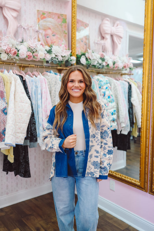 Sharyl Denim Floral Button Up Top - Dark Blue