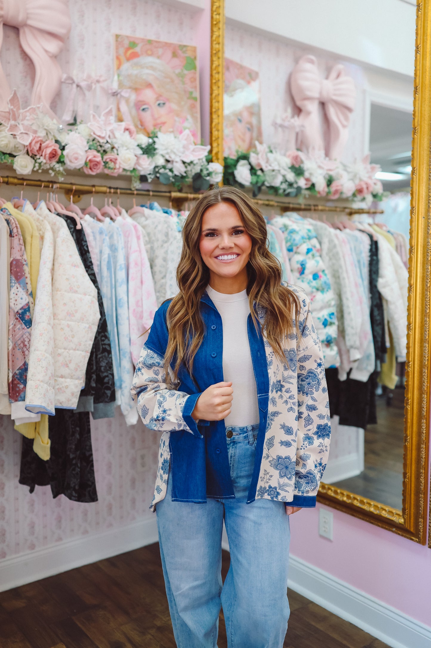 Sharyl Denim Floral Button Up Top - Dark Blue