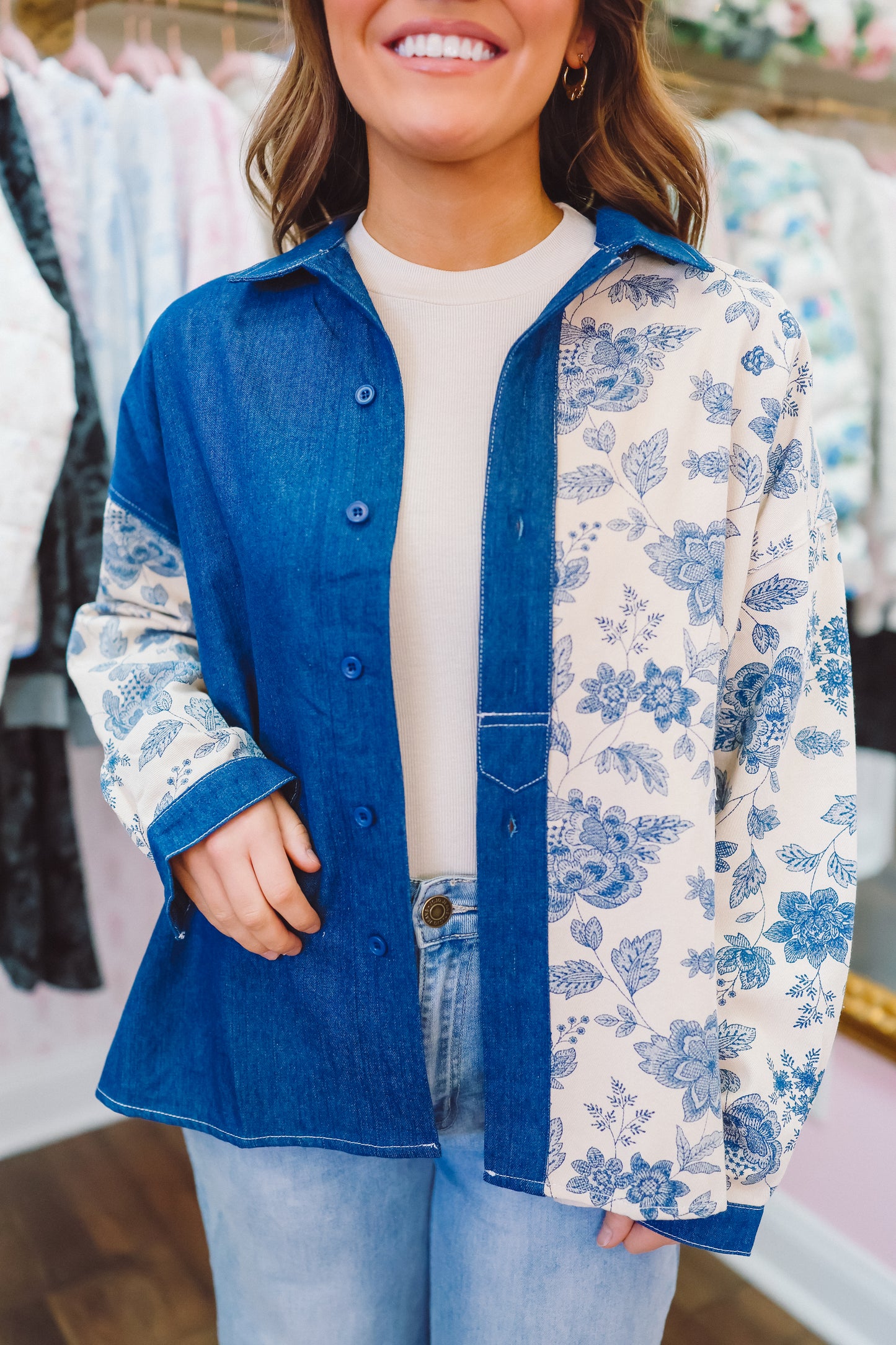 Sharyl Denim Floral Button Up Top - Dark Blue