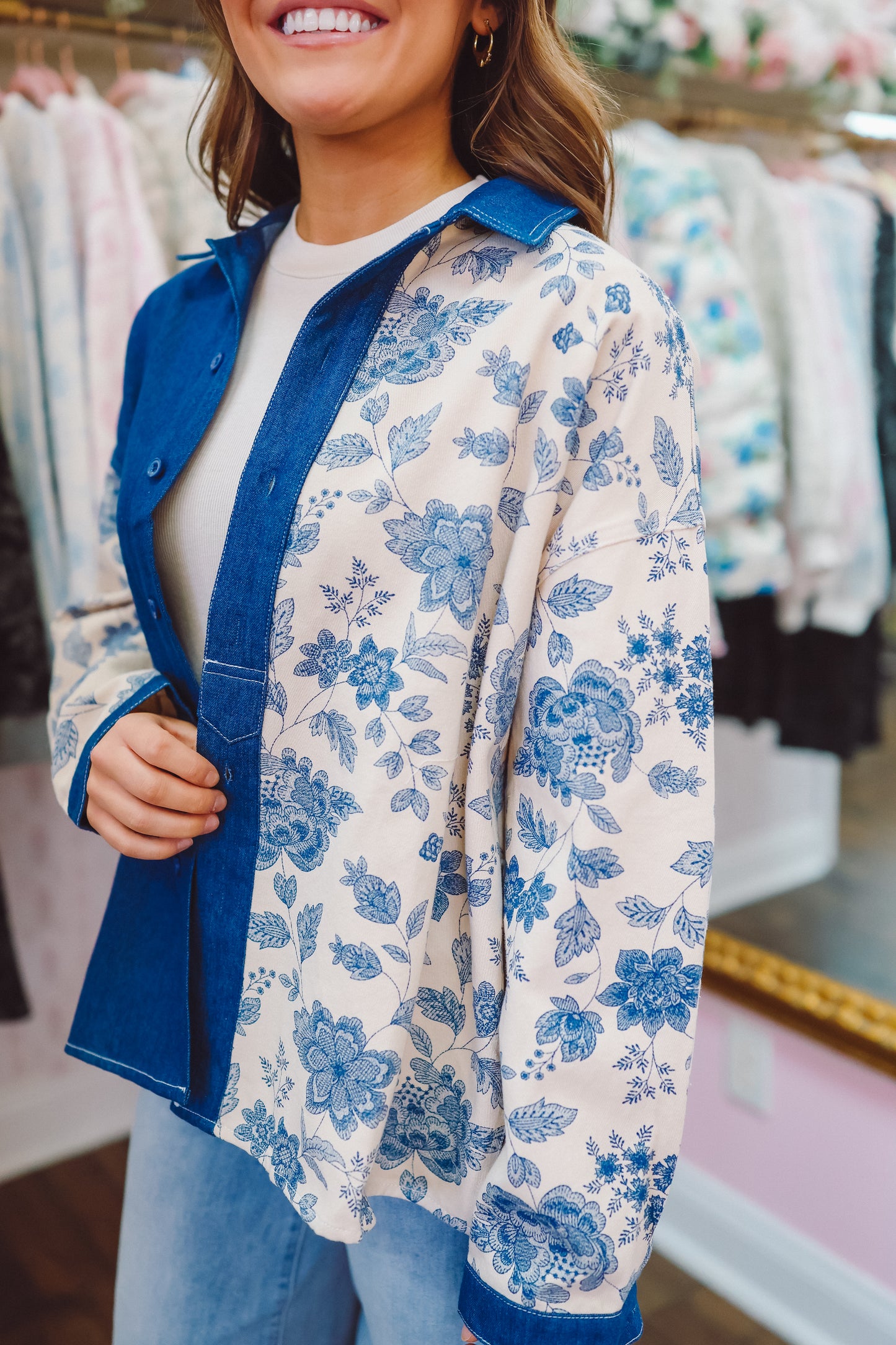 Sharyl Denim Floral Button Up Top - Dark Blue