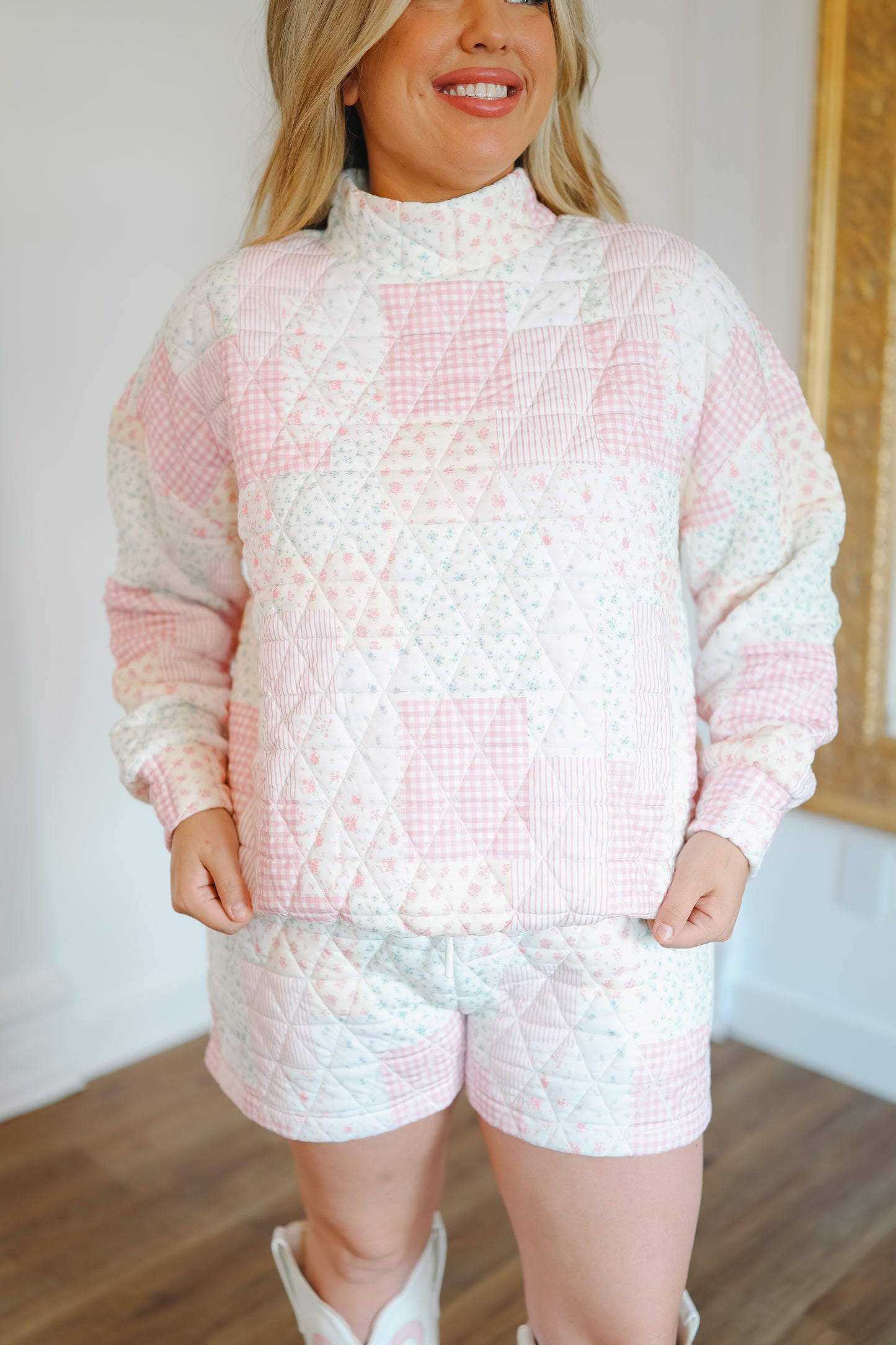 Kathleen Patchwork Quilted Mock Neck Short Set - Pink