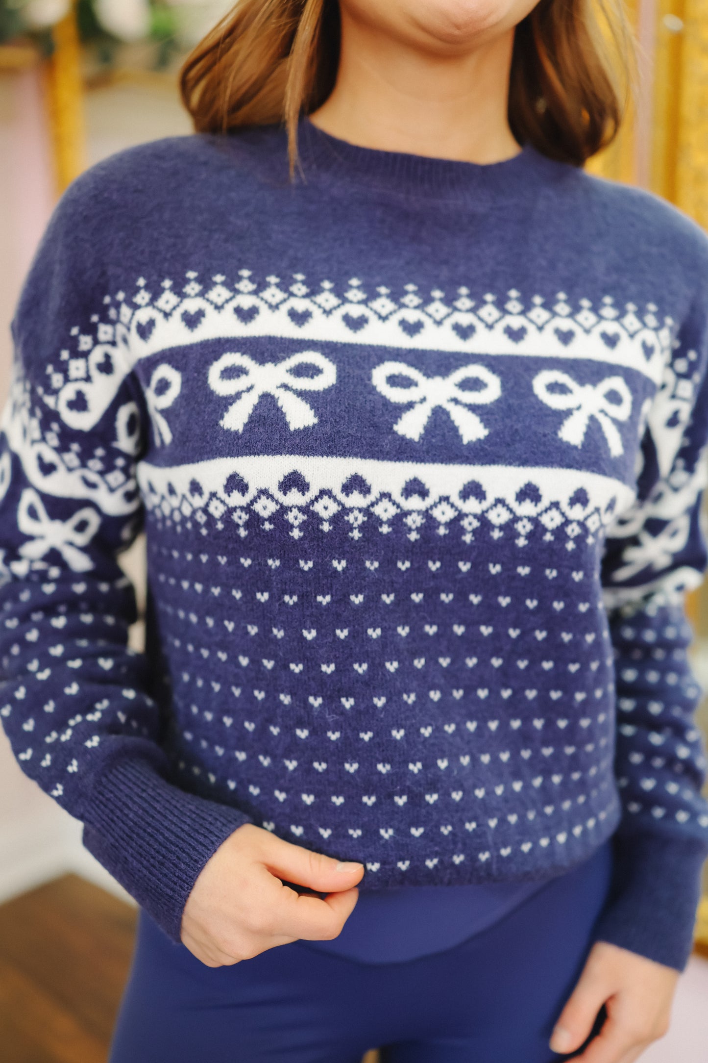 Lanette Bow & Heart Jacquard Sweater - Navy