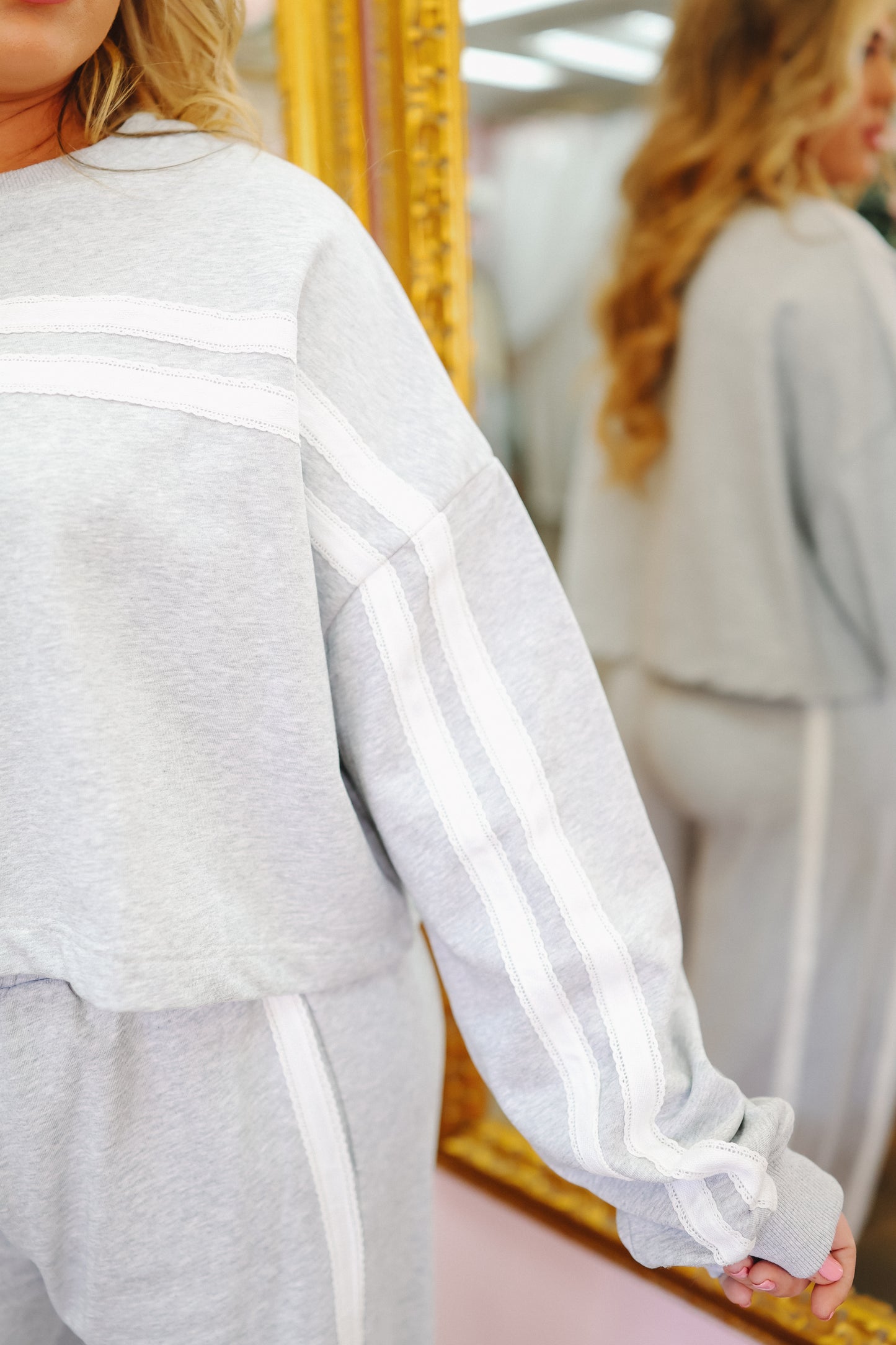 Juliet Lace Trim Striped Cropped Sweatshirt - Heather Grey