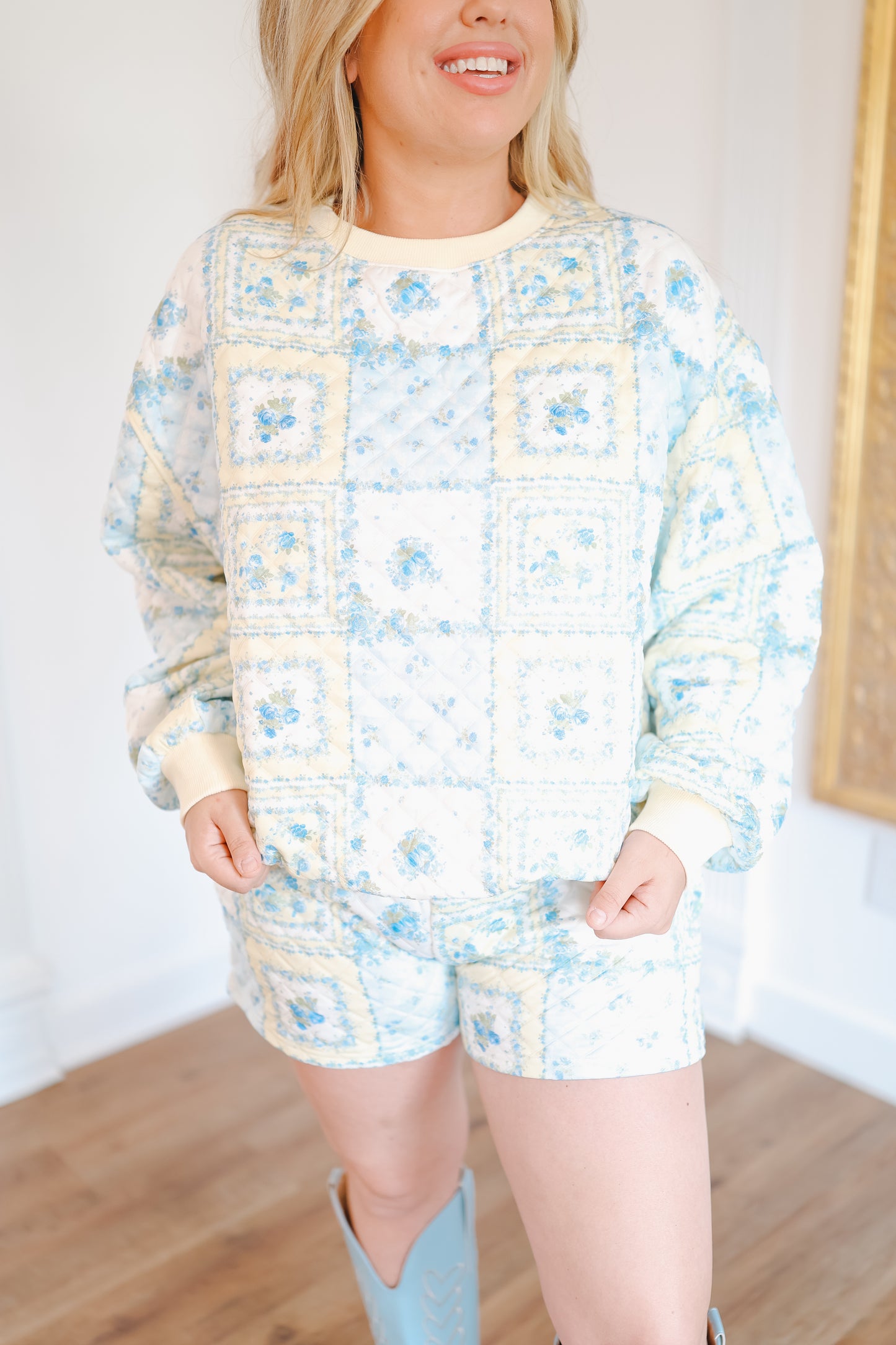 Darcie Patchwork Quilted Floral Lounge Set - Blue