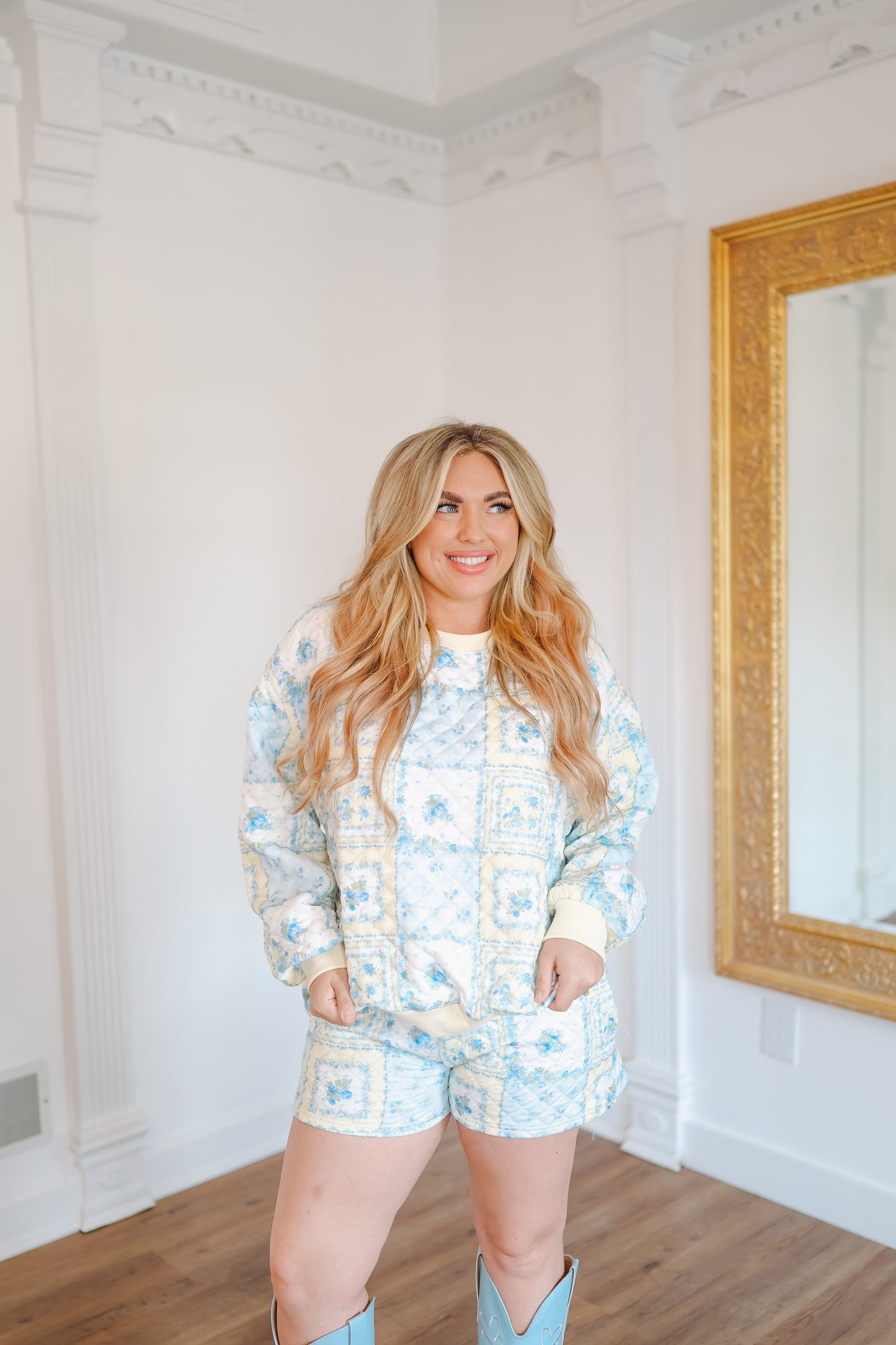 Darcie Patchwork Quilted Floral Lounge Set - Blue