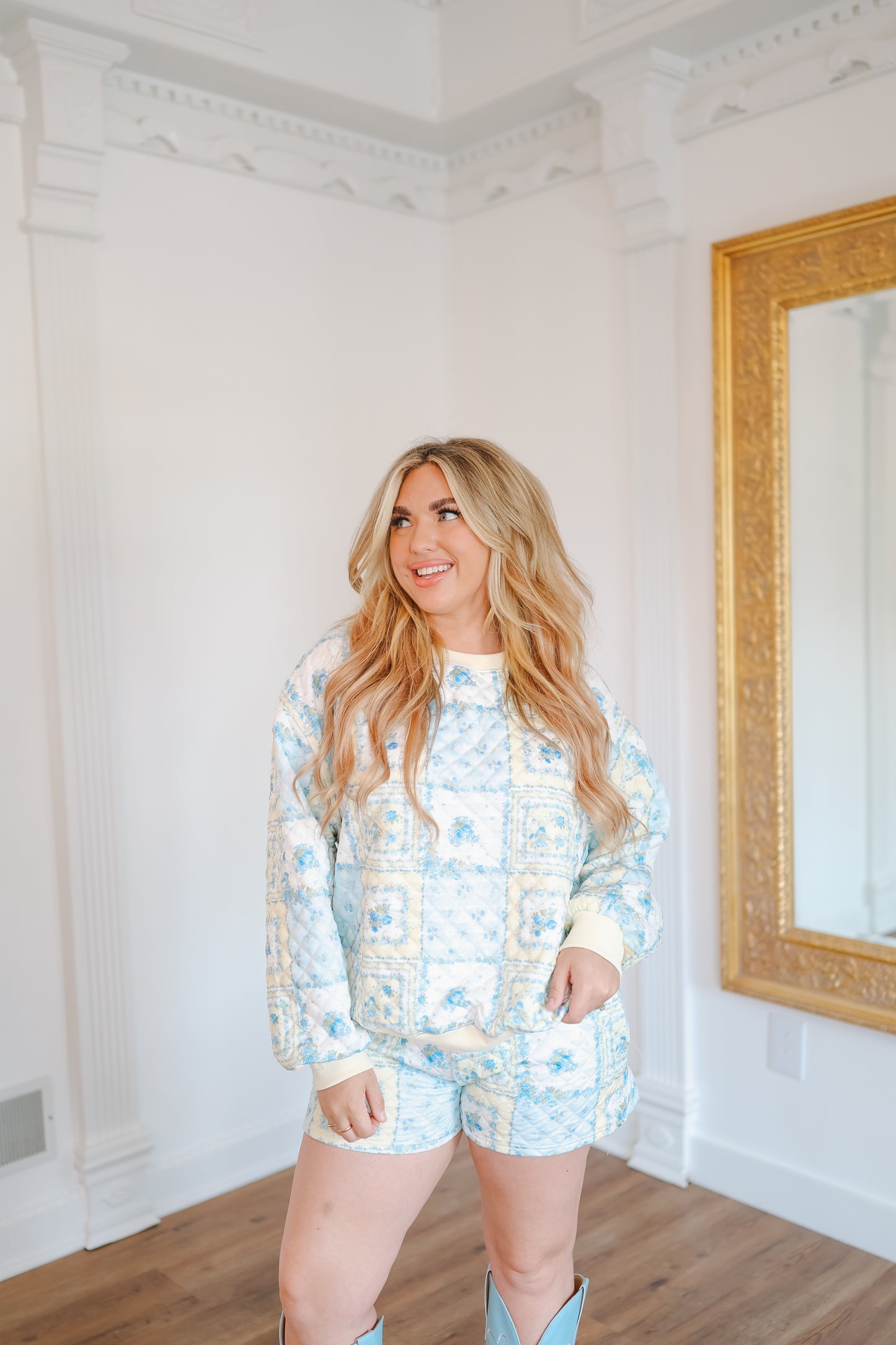 Darcie Patchwork Quilted Floral Lounge Set - Blue