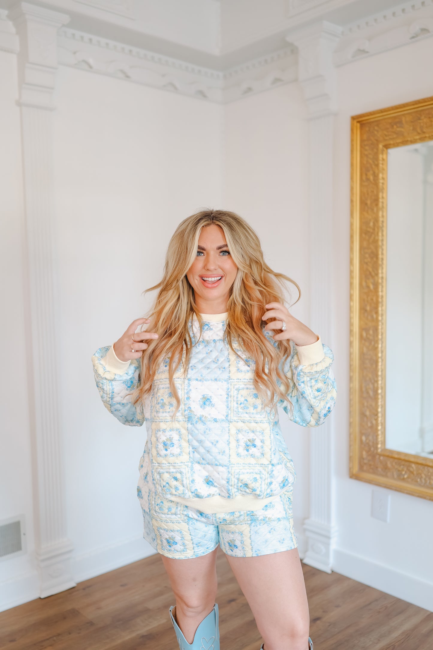 Darcie Patchwork Quilted Floral Lounge Set - Blue
