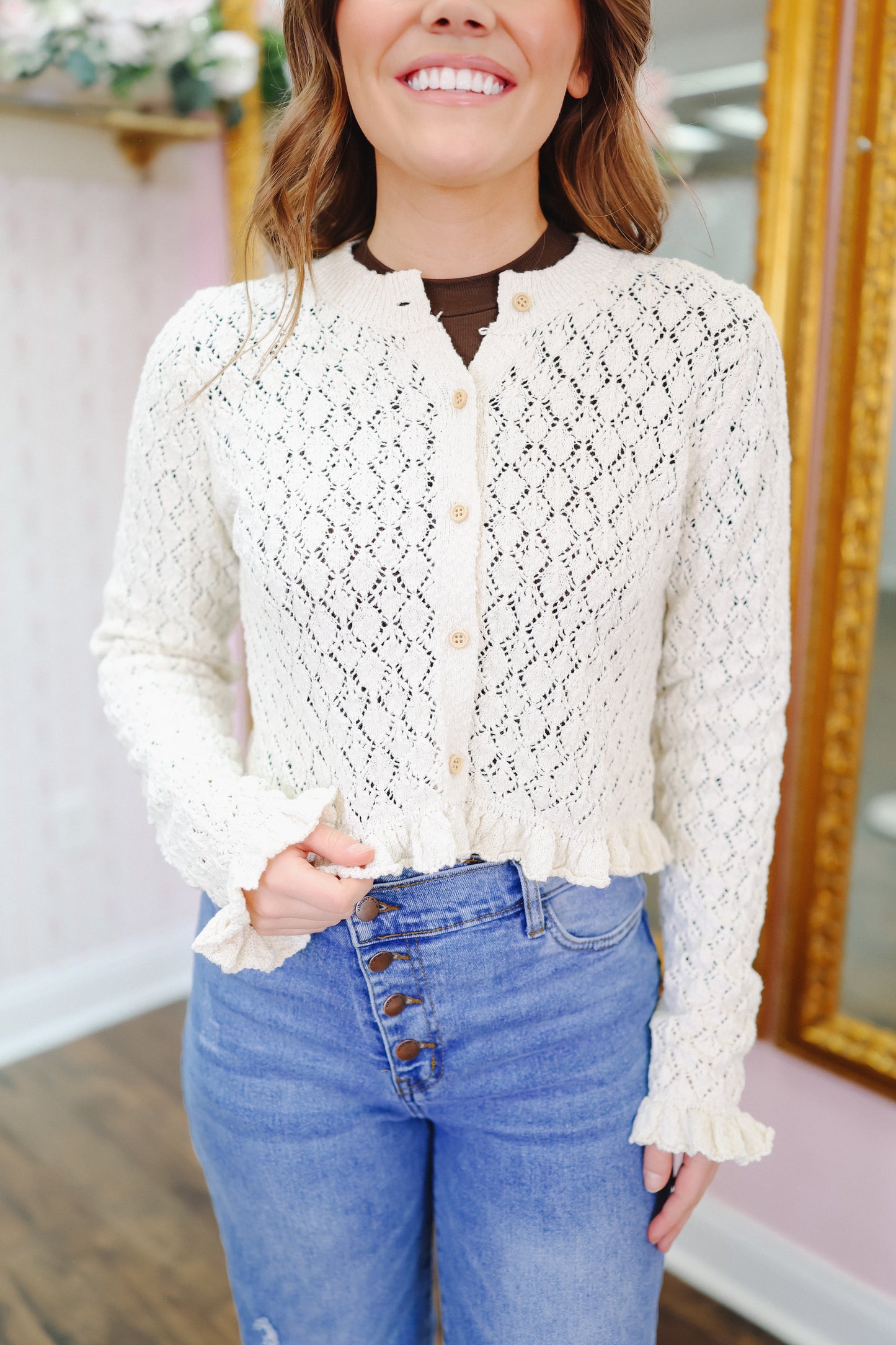 Taylor Ruffle Hem Eyelet Cardigan - Off White