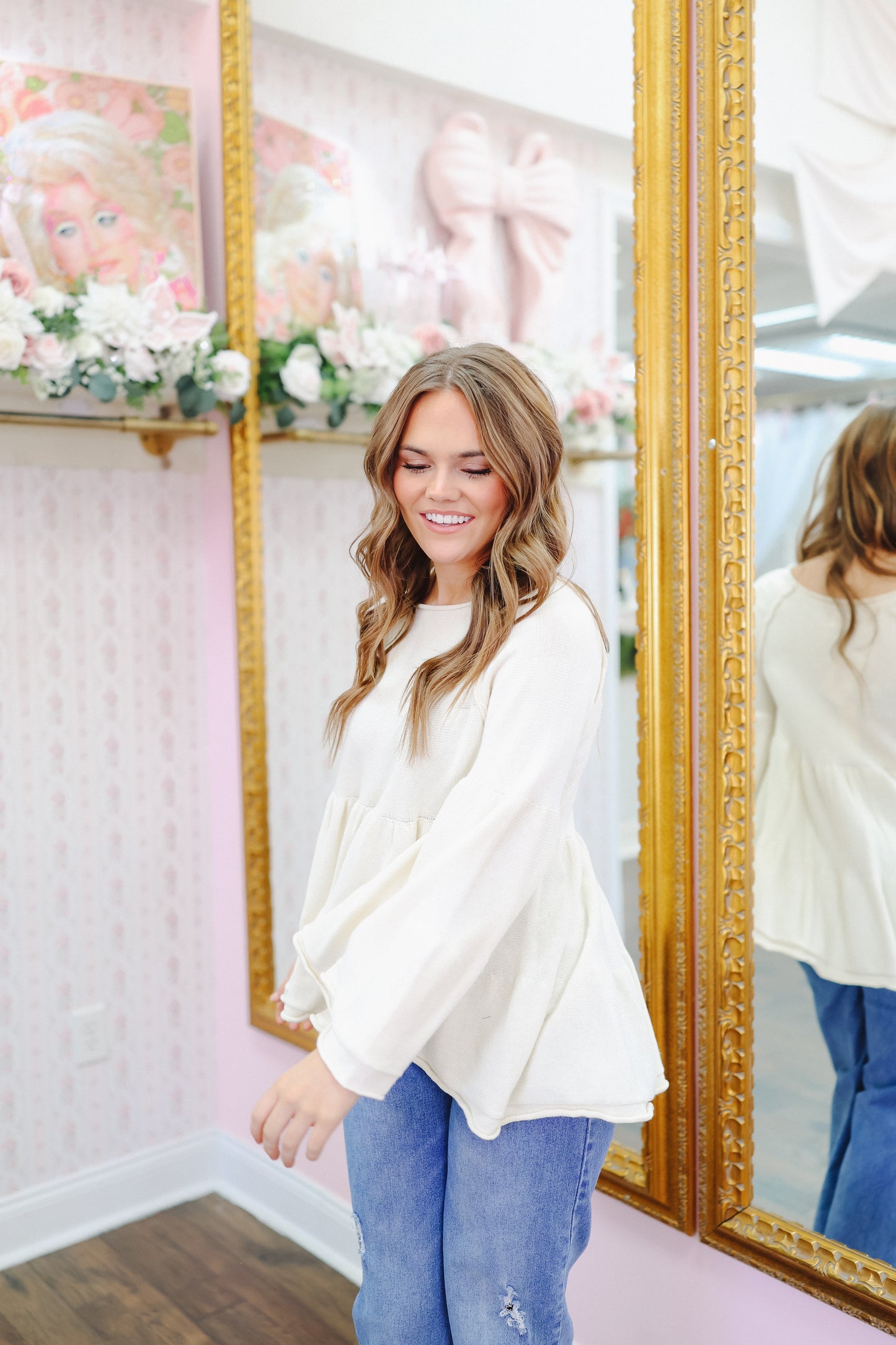 Juniper Tiered Baby Doll Bell Sleeve Sweater - Cream