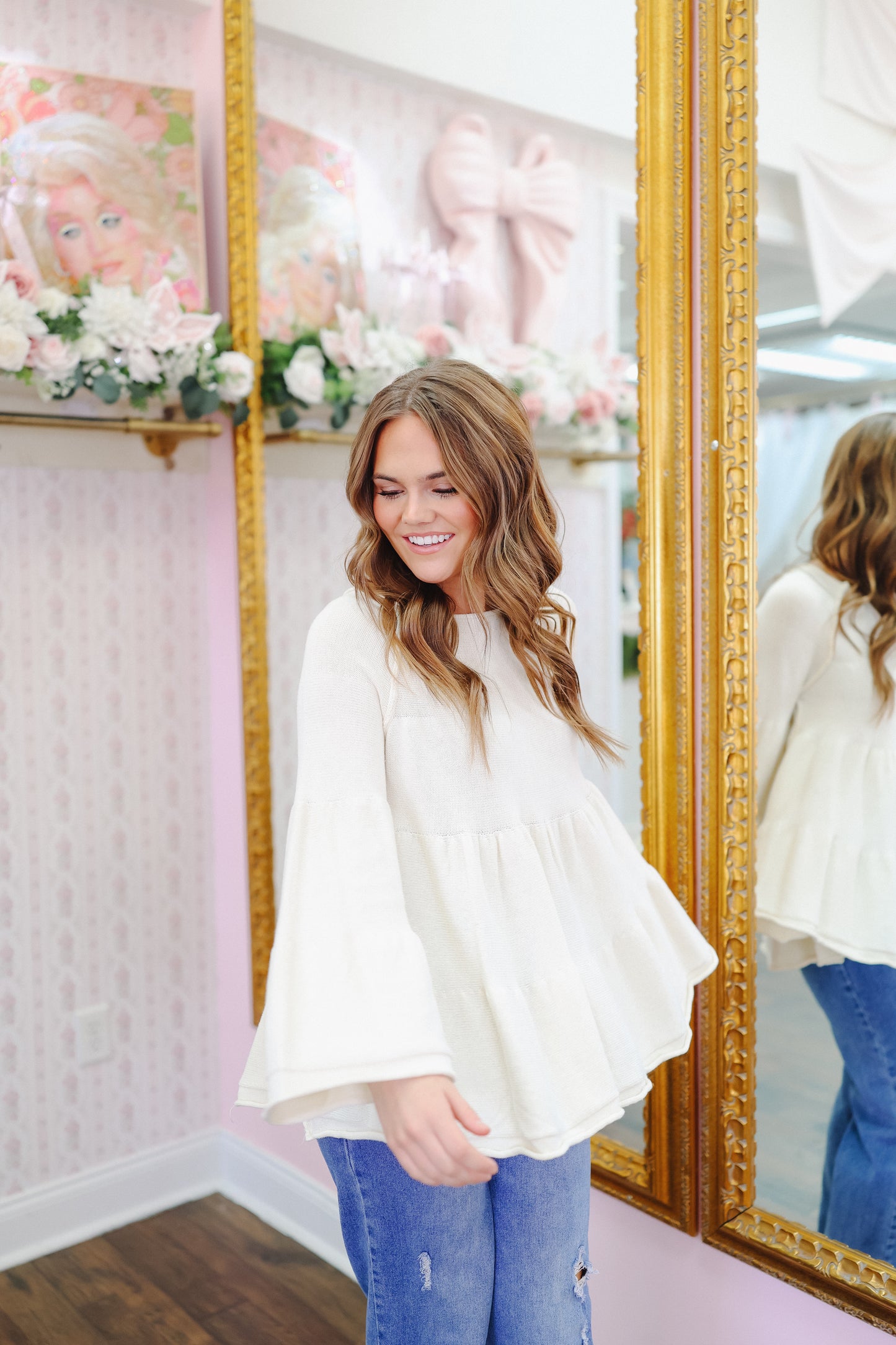 Juniper Tiered Baby Doll Bell Sleeve Sweater - Cream