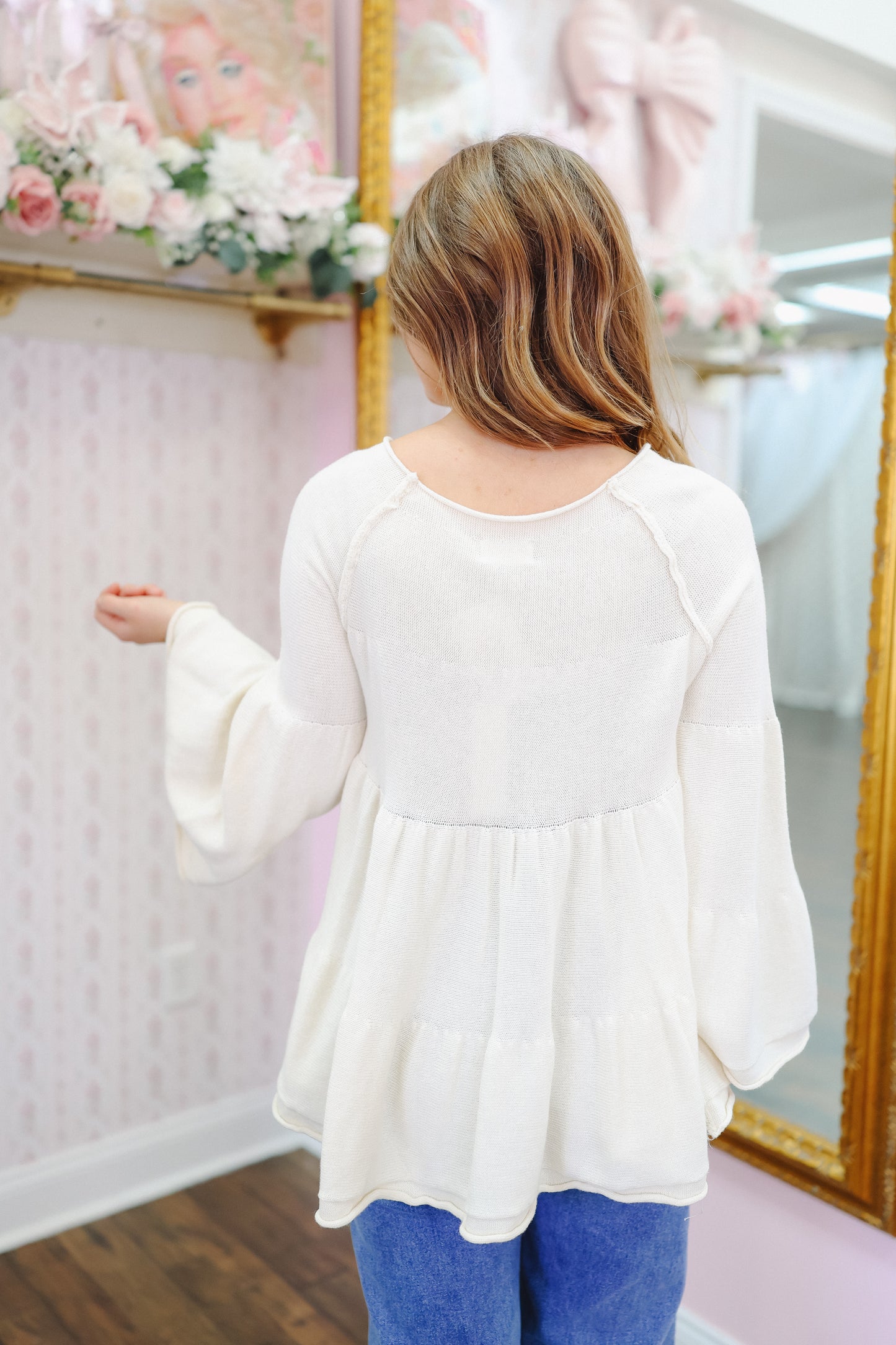 Juniper Tiered Baby Doll Bell Sleeve Sweater - Cream