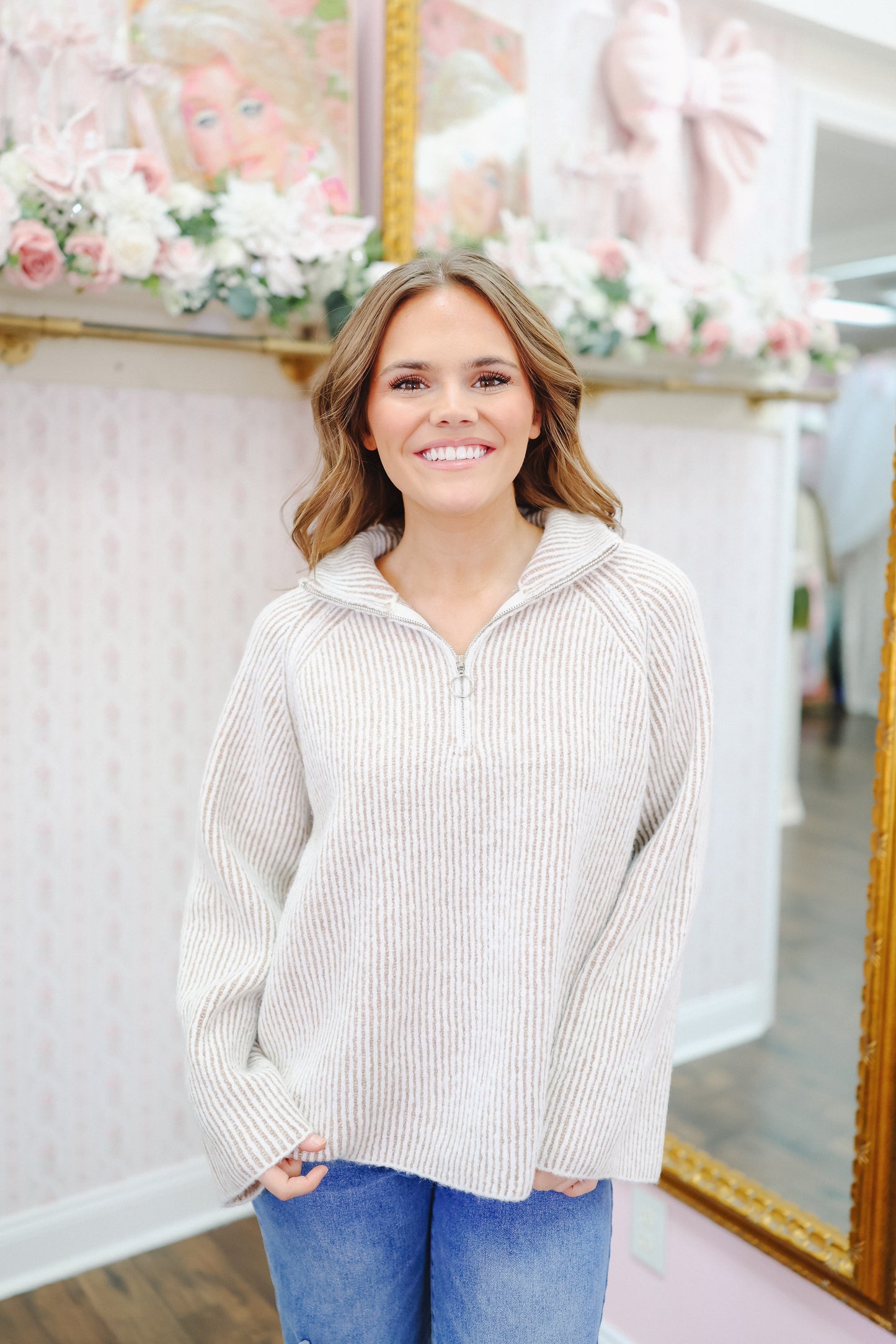 Madeline Collared Ribbed Zip-Up Sweater - Taupe