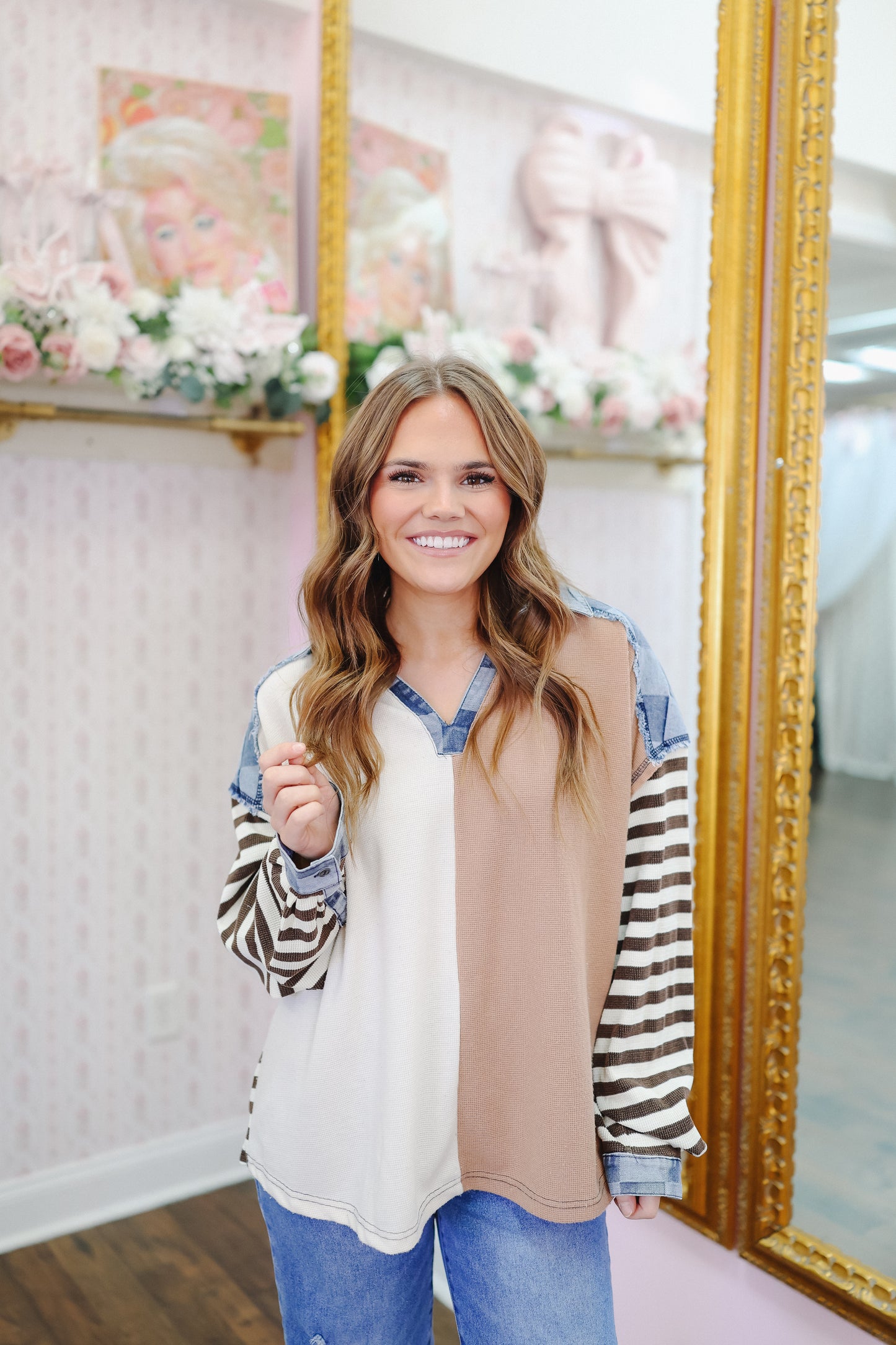 Candie Collared Striped Denim Checkered Top - Cream/Taupe