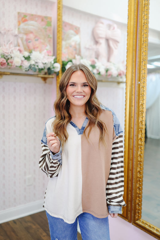 Candie Collared Striped Denim Checkered Top - Cream/Taupe