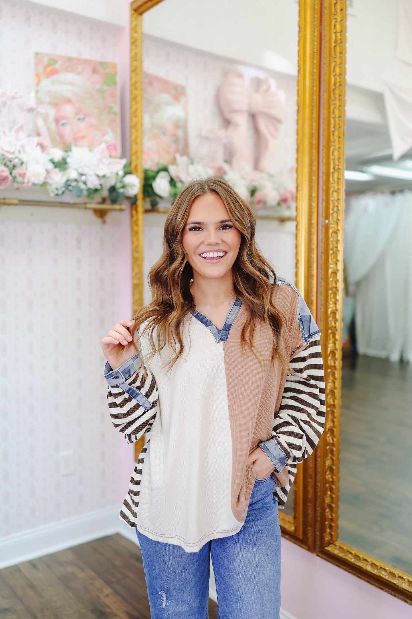 Candie Collared Striped Denim Checkered Top - Cream/Taupe