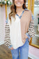 Candie Collared Striped Denim Checkered Top - Cream/Taupe