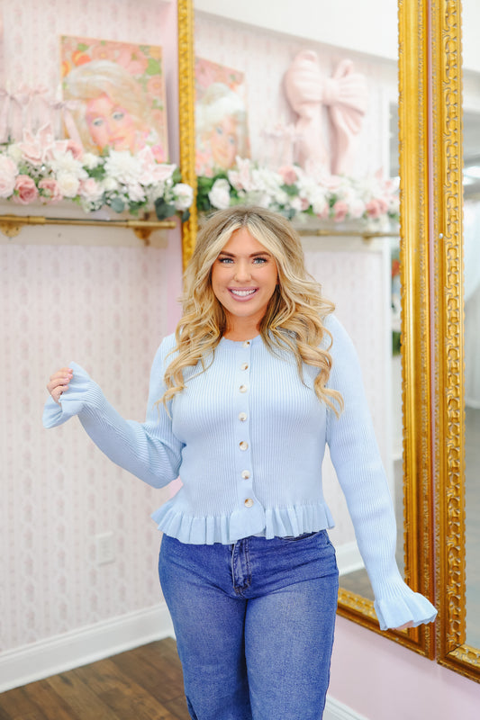 Brighton Ruffle Hem Knit Cardigan - Light Blue
