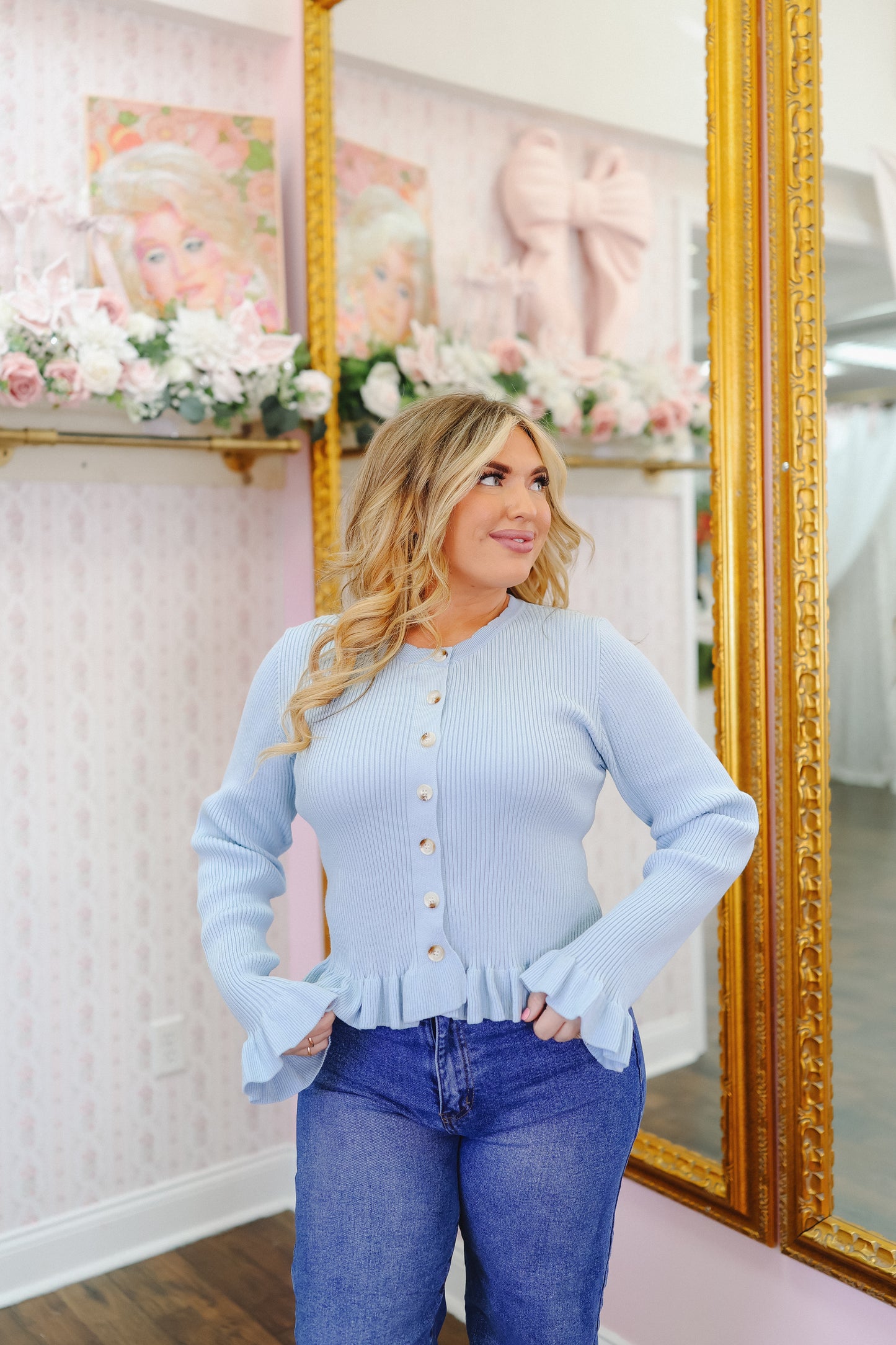 Brighton Ruffle Hem Knit Cardigan - Light Blue