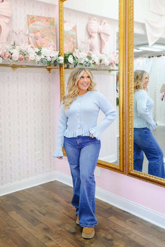Brighton Ruffle Hem Knit Cardigan - Light Blue