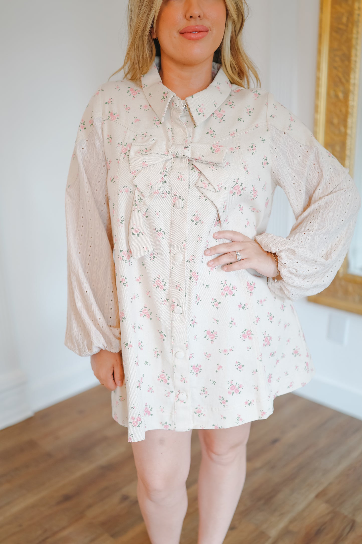Eve Vintage Floral Bow Shirt Dress - Oatmeal