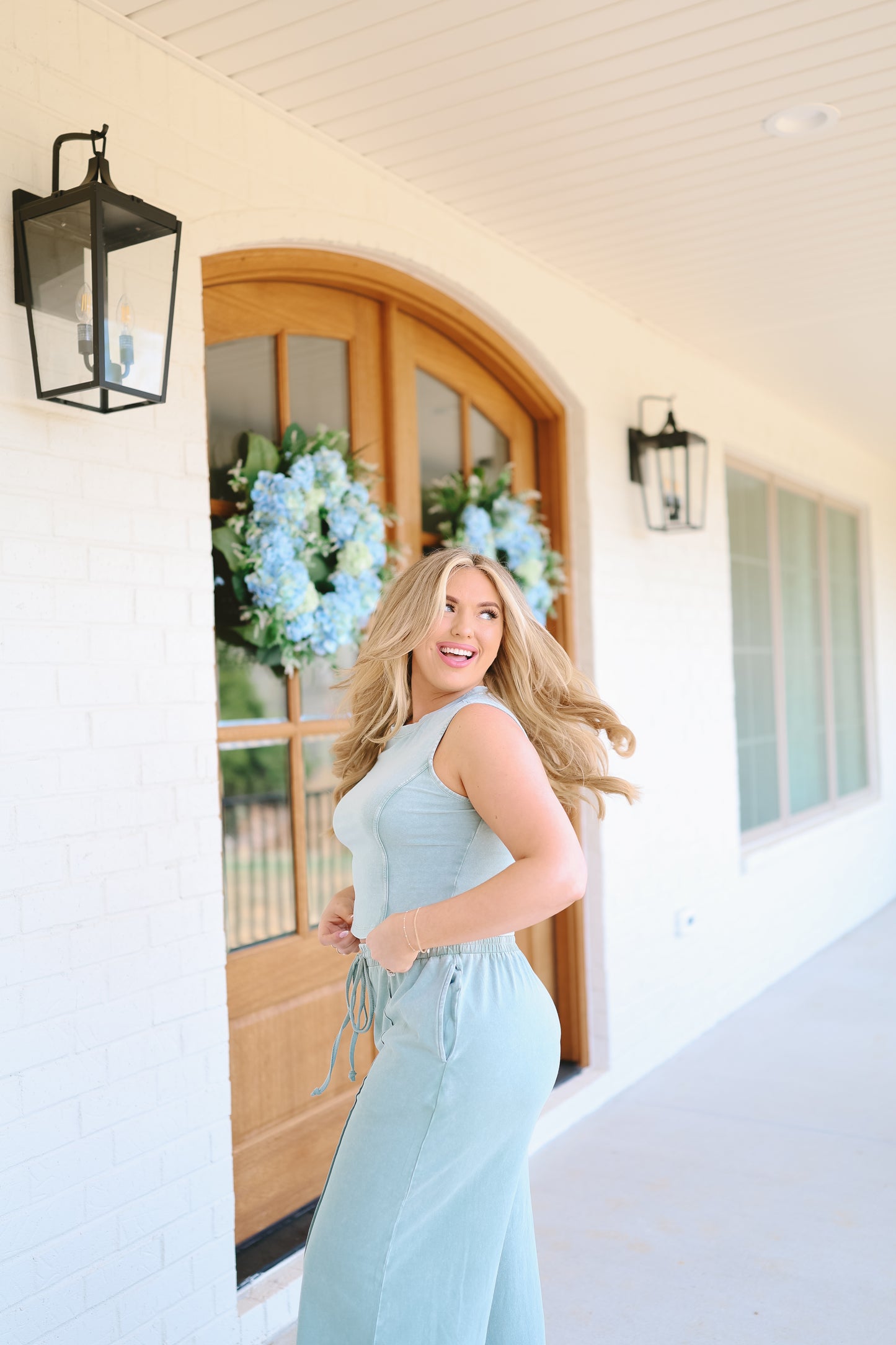 Tia Mineral Washed Tank & Pants Set - Sage Green