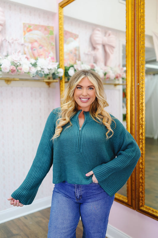 Kenlee Ribbed Zip-Up Sweater Top - Teal