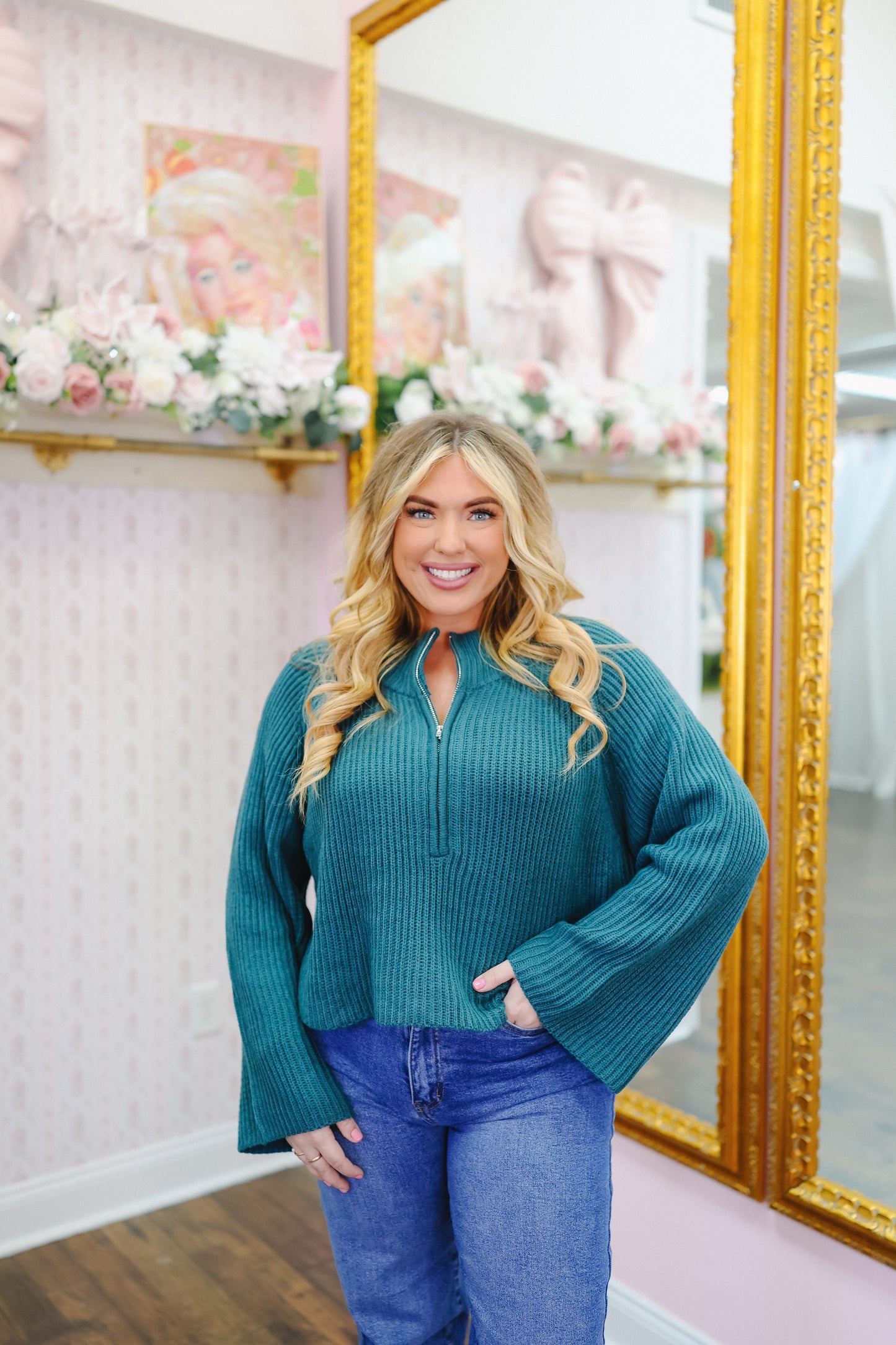 Kenlee Ribbed Zip-Up Sweater Top - Teal