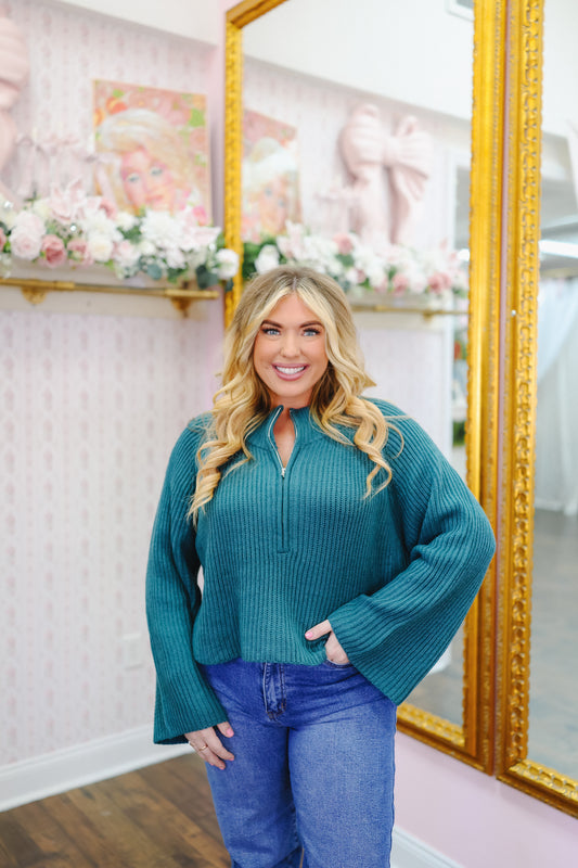 Kenlee Ribbed Zip-Up Sweater Top - Teal