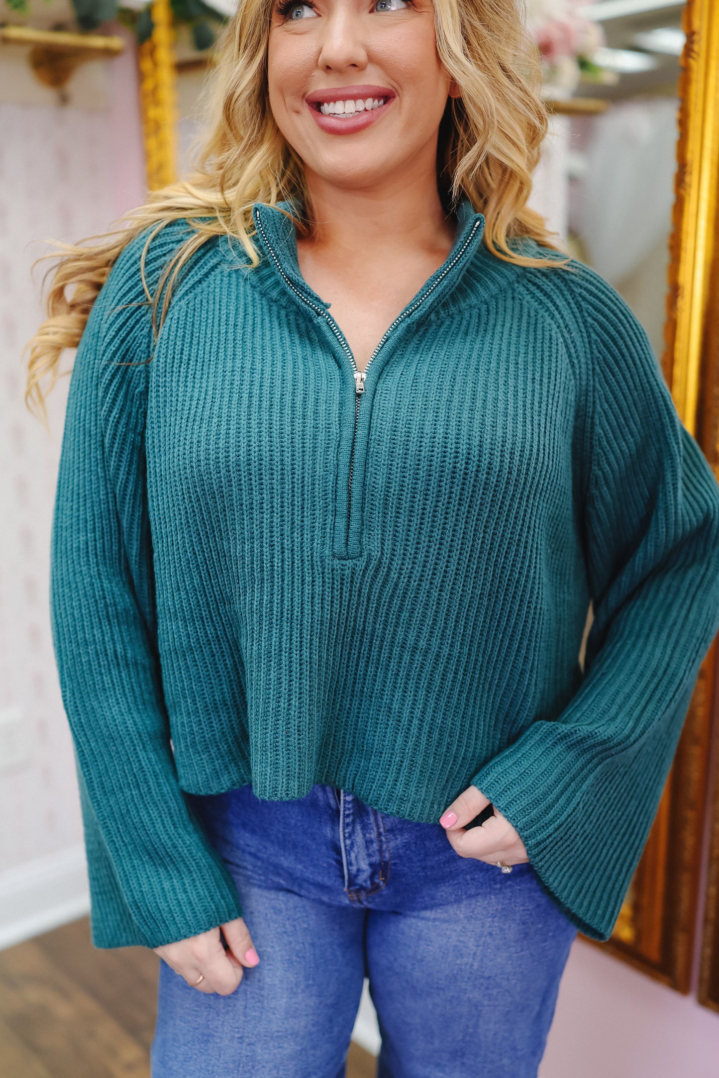 Kenlee Ribbed Zip-Up Sweater Top - Teal