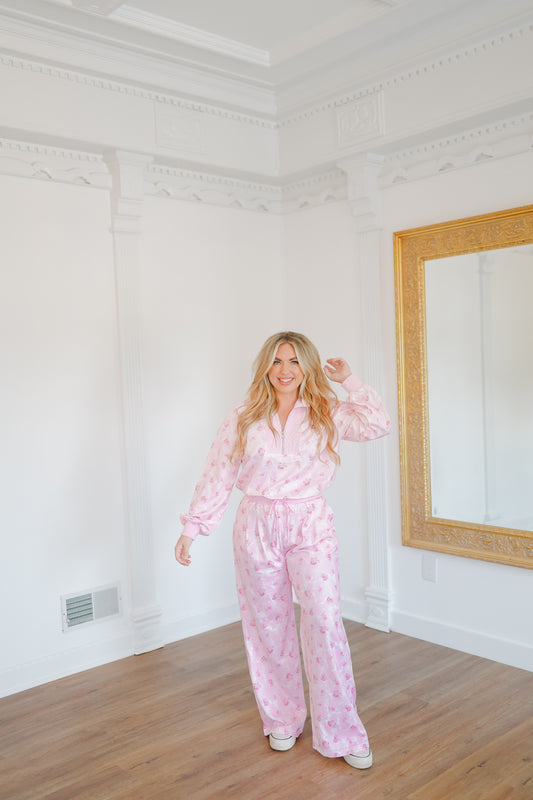 Miranda Floral Waffle Half-Zip Lounge Set - Pink