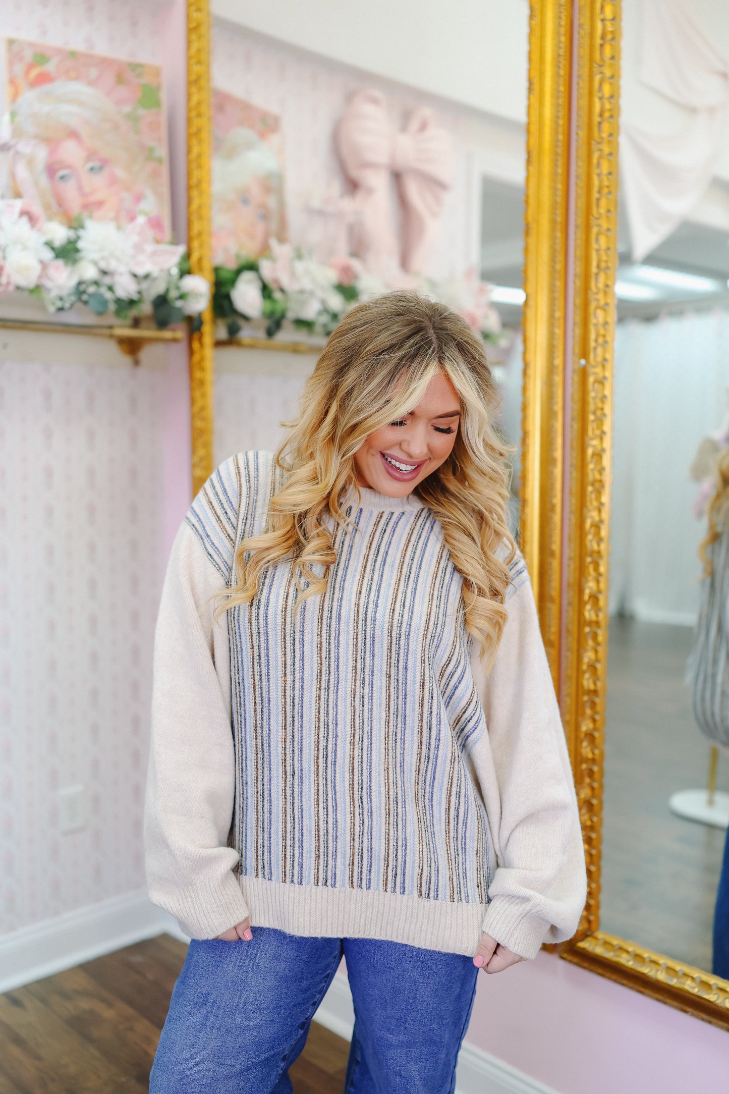 Beckie Striped Dolman Sweater - Blue/Beige