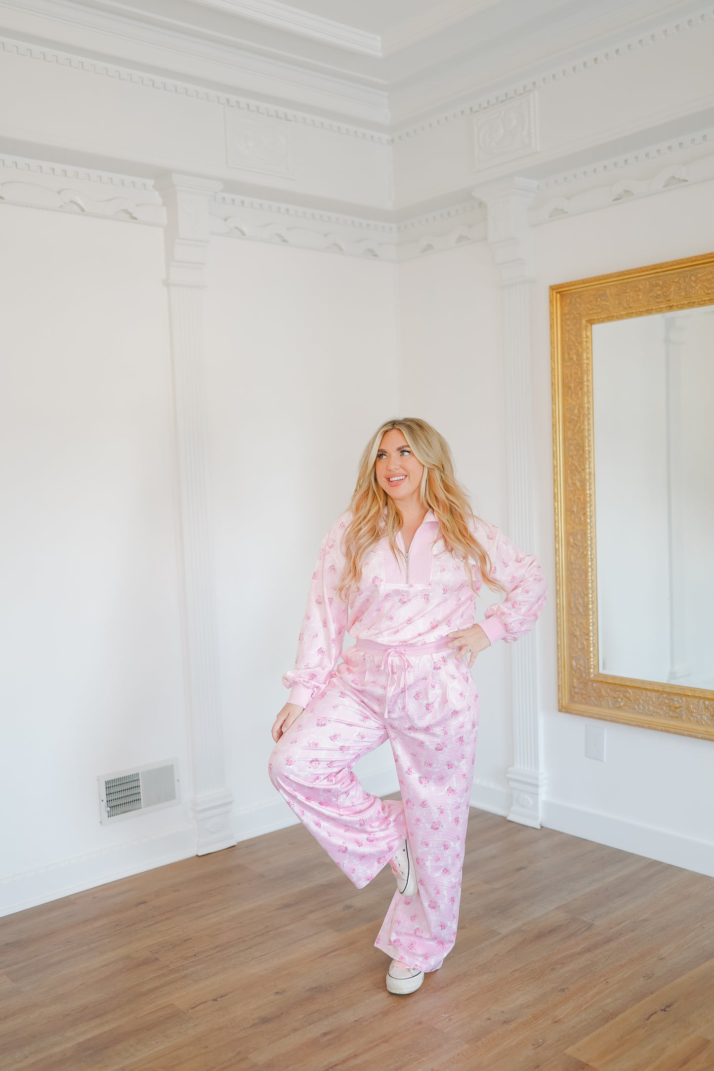Miranda Floral Waffle Half-Zip Lounge Set - Pink