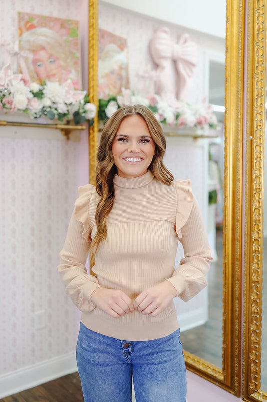 Emberly Ruffle Turtleneck Sweater - Sand